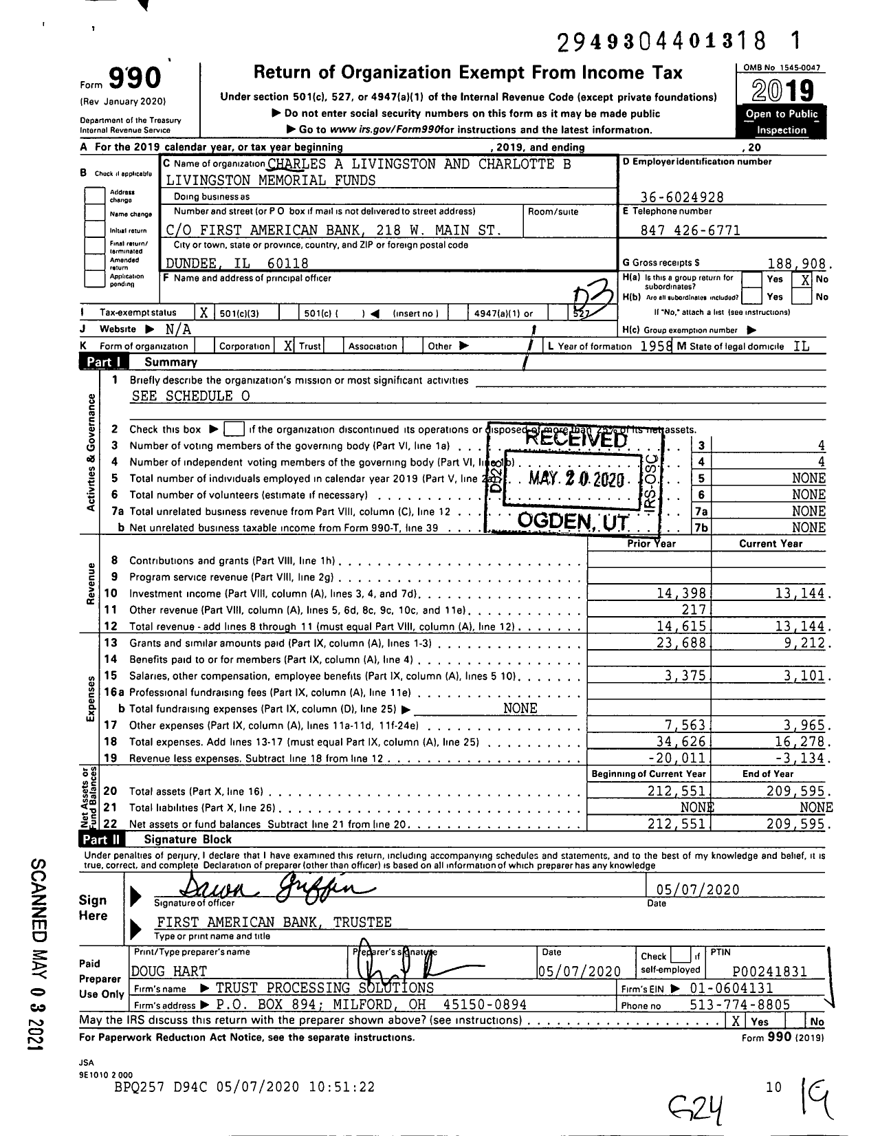 Image of first page of 2019 Form 990 for Charles A Livingston and Charlotte B