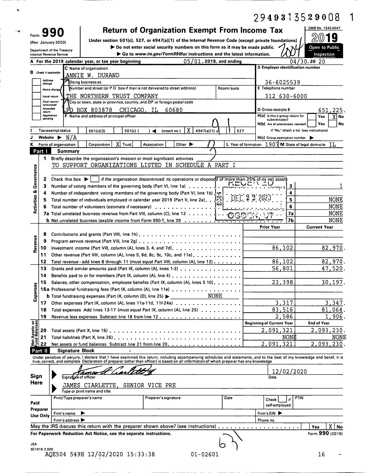 Image of first page of 2019 Form 990O for Annie W Durand