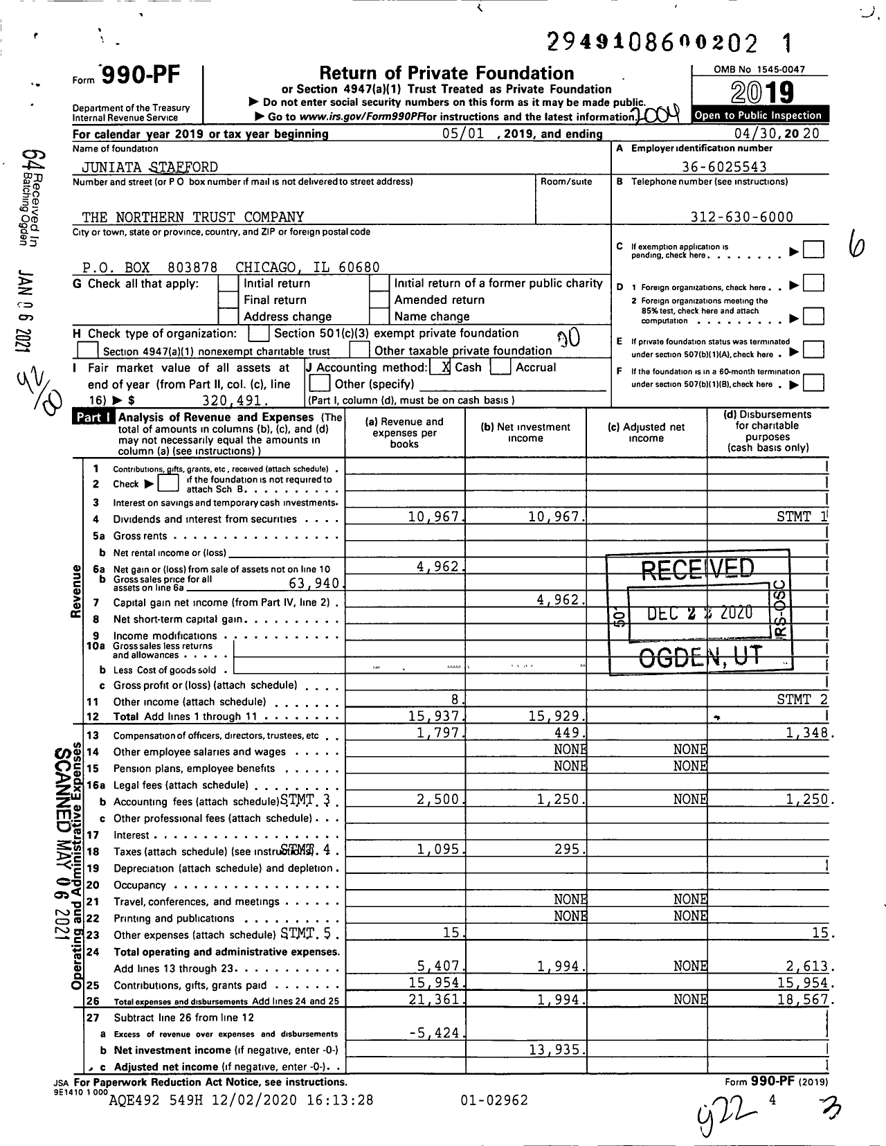 Image of first page of 2019 Form 990PF for Juniata Stafford