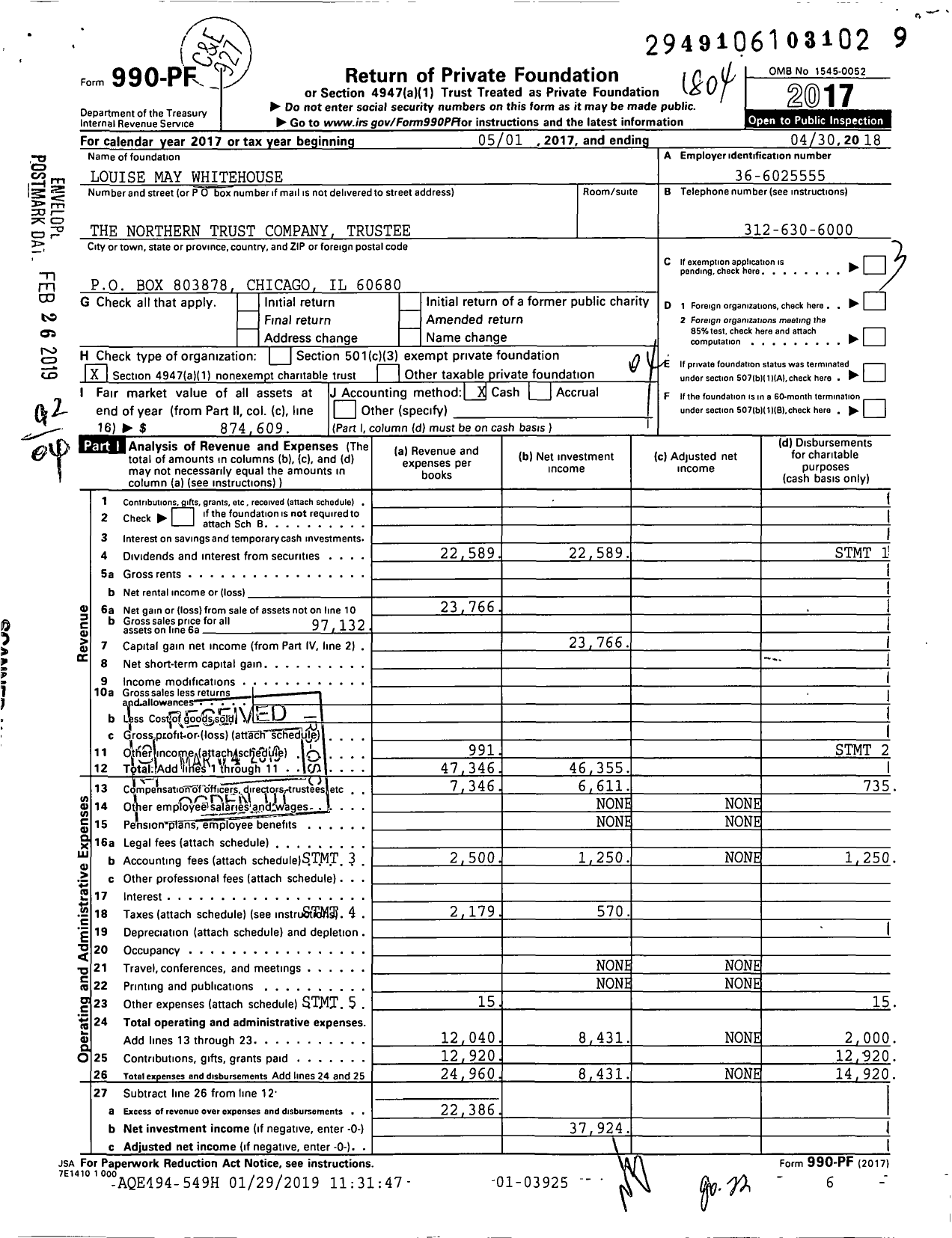 Image of first page of 2017 Form 990PF for Louise May Whitehouse