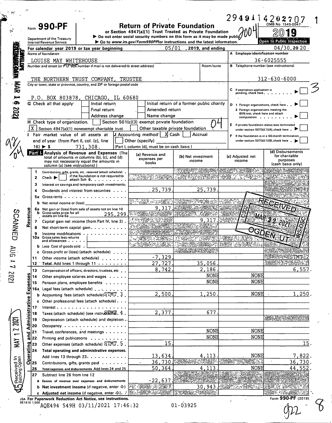 Image of first page of 2019 Form 990PF for Louise May Whitehouse