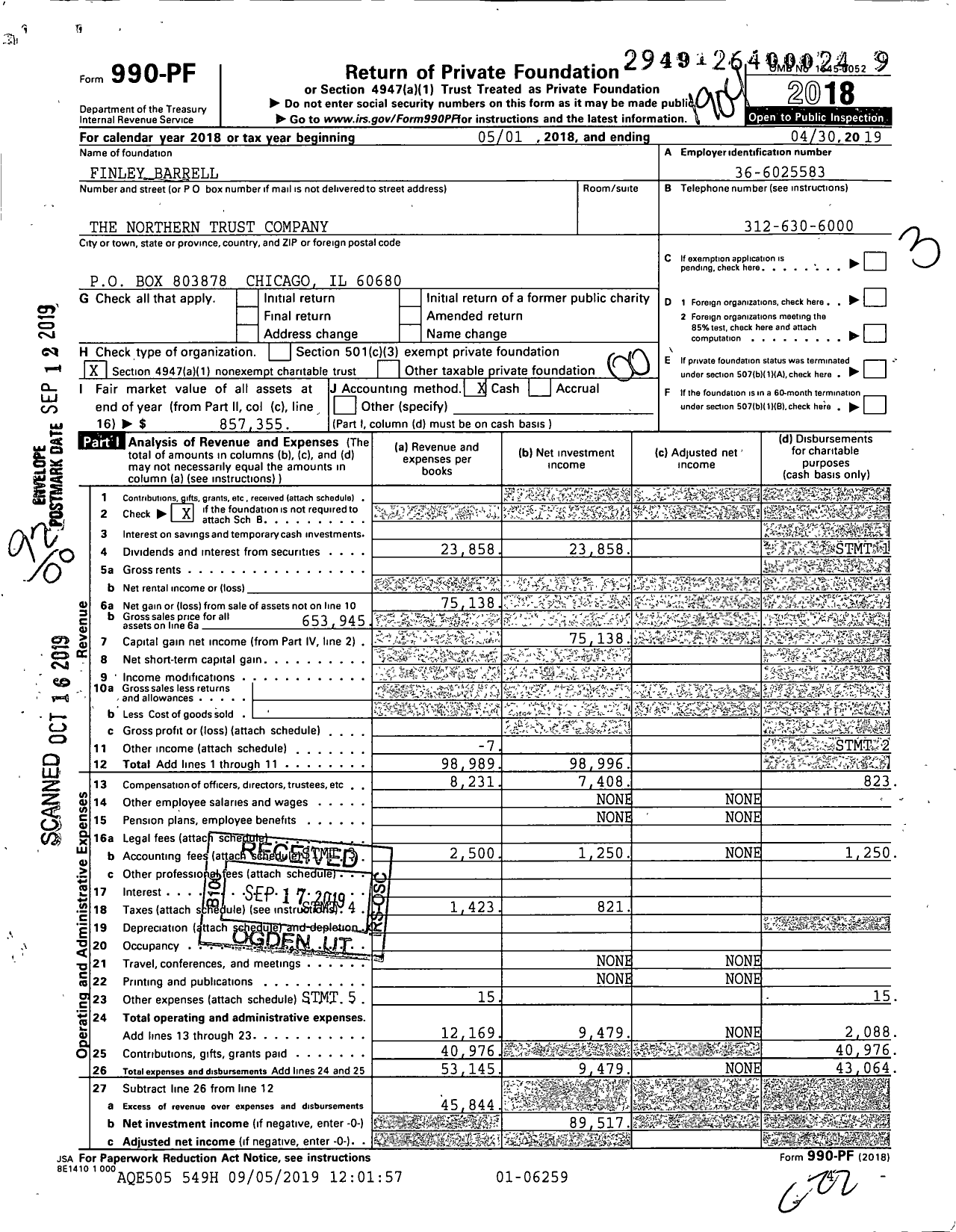 Image of first page of 2018 Form 990PF for Finley Barrell