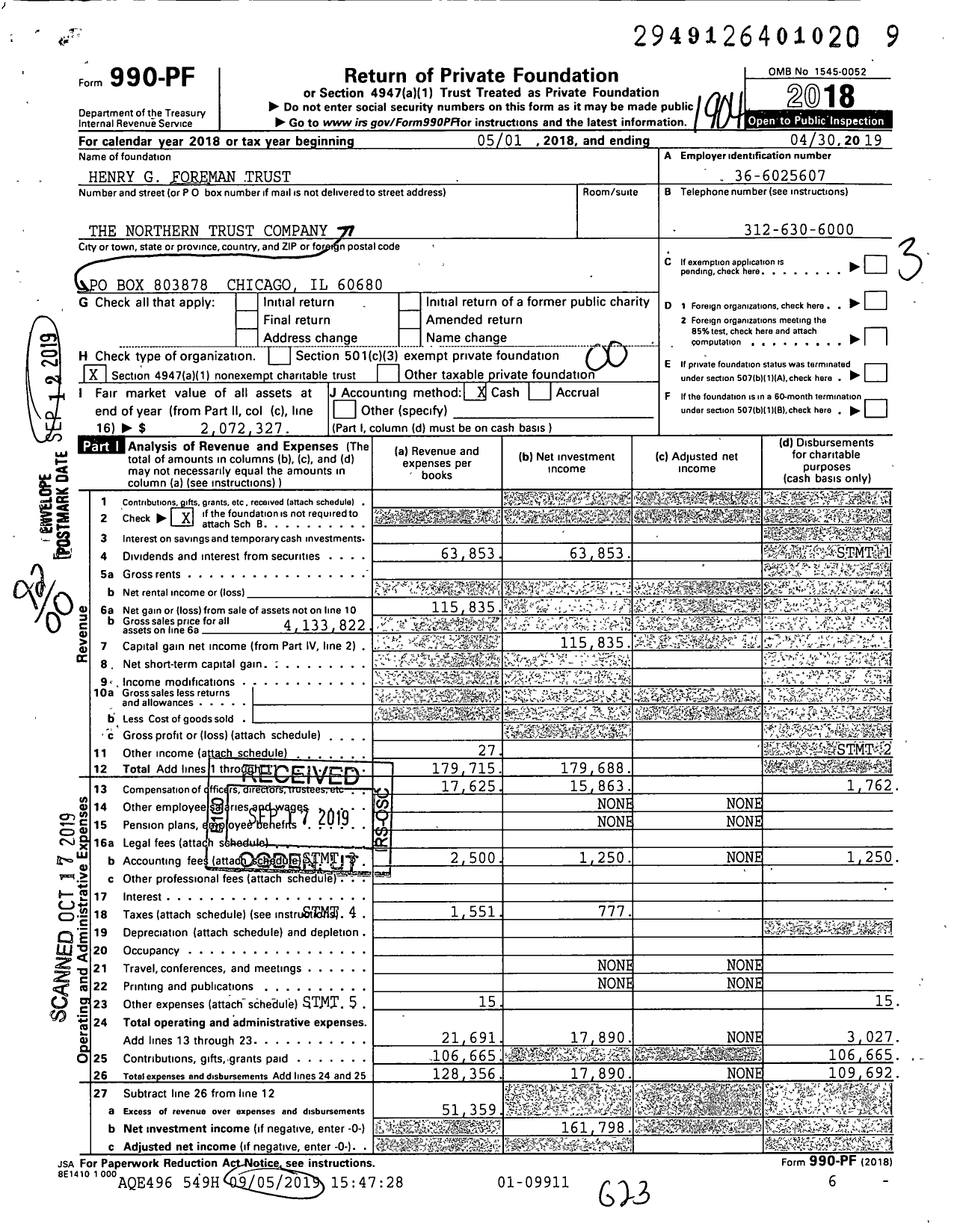 Image of first page of 2018 Form 990PF for Henry G Foreman Trust