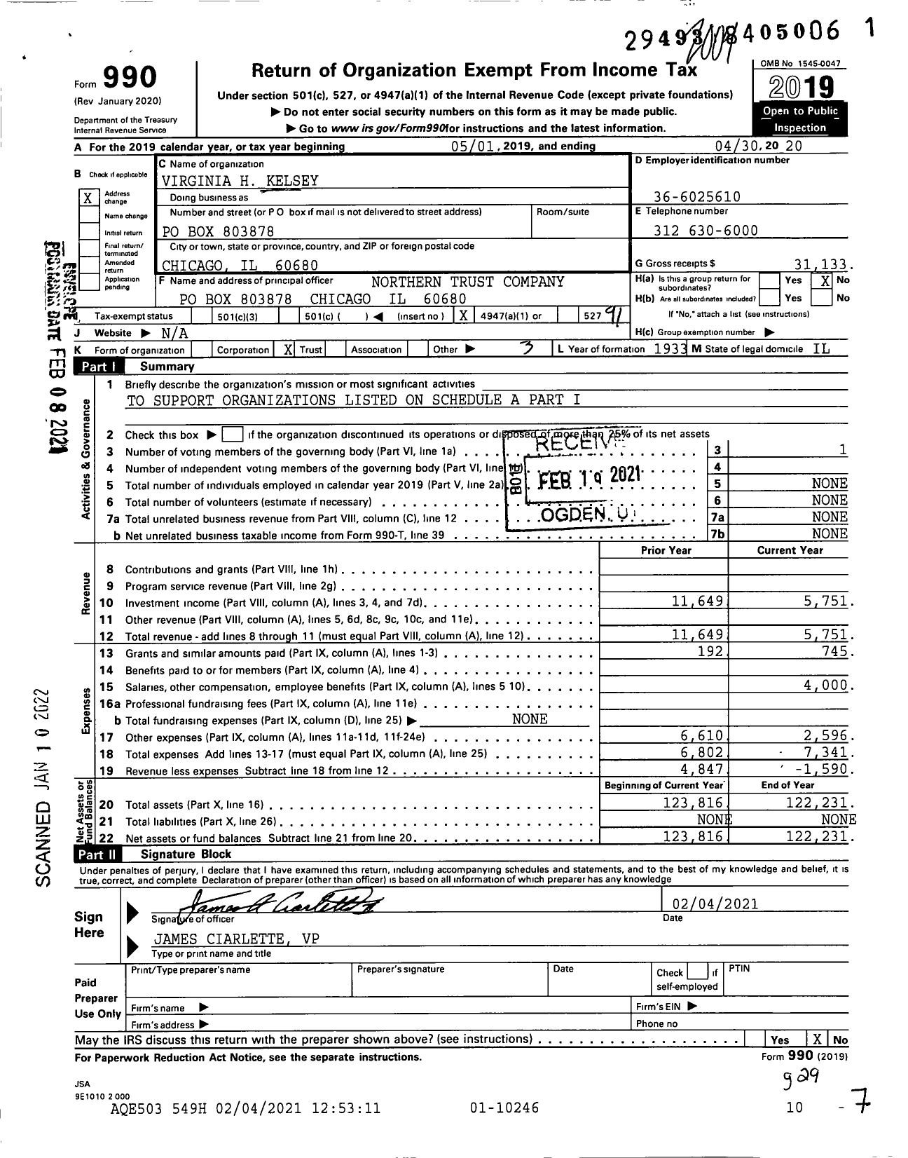 Image of first page of 2019 Form 990O for Virginia H Kelsey