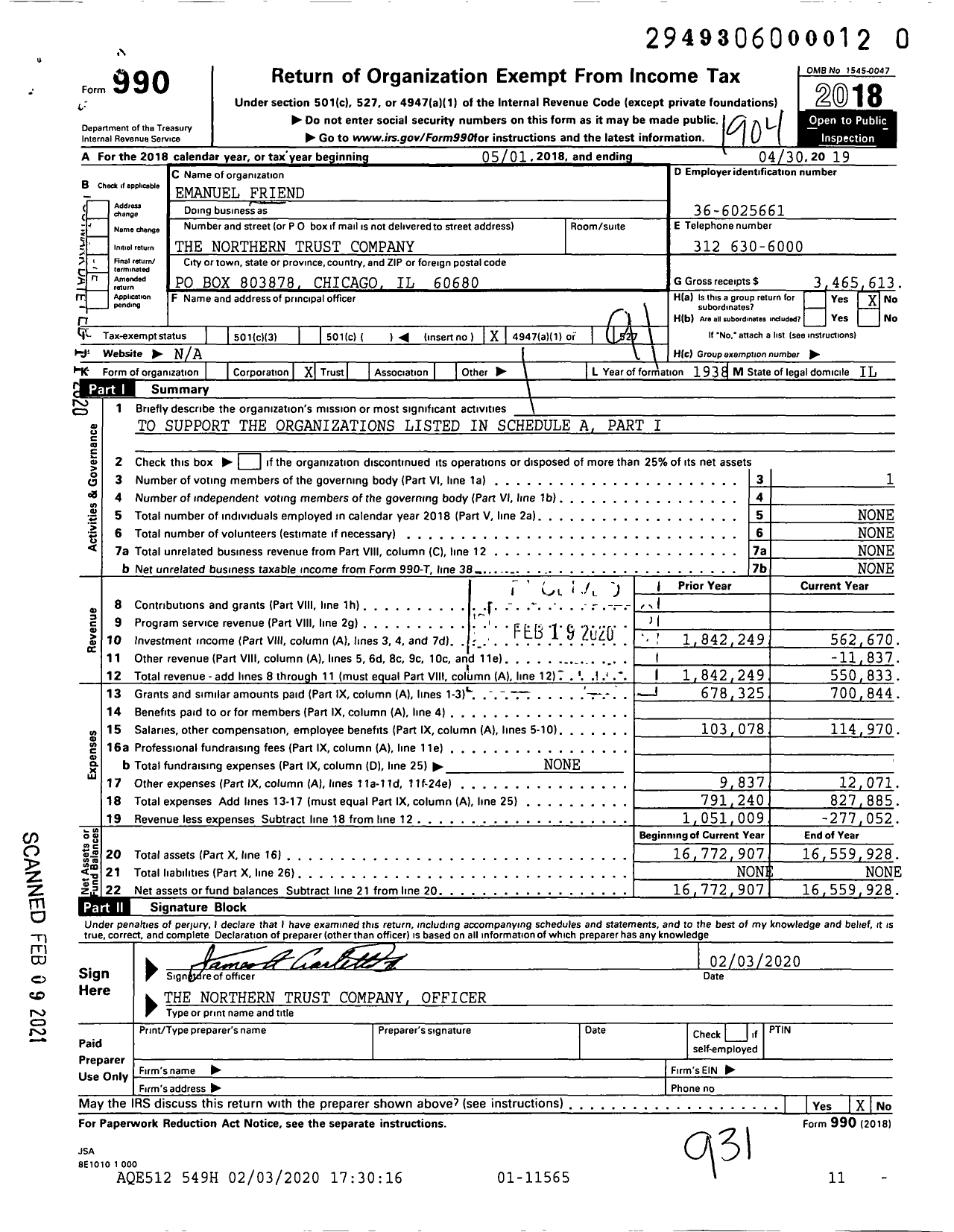 Image of first page of 2018 Form 990O for Emanuel Friend