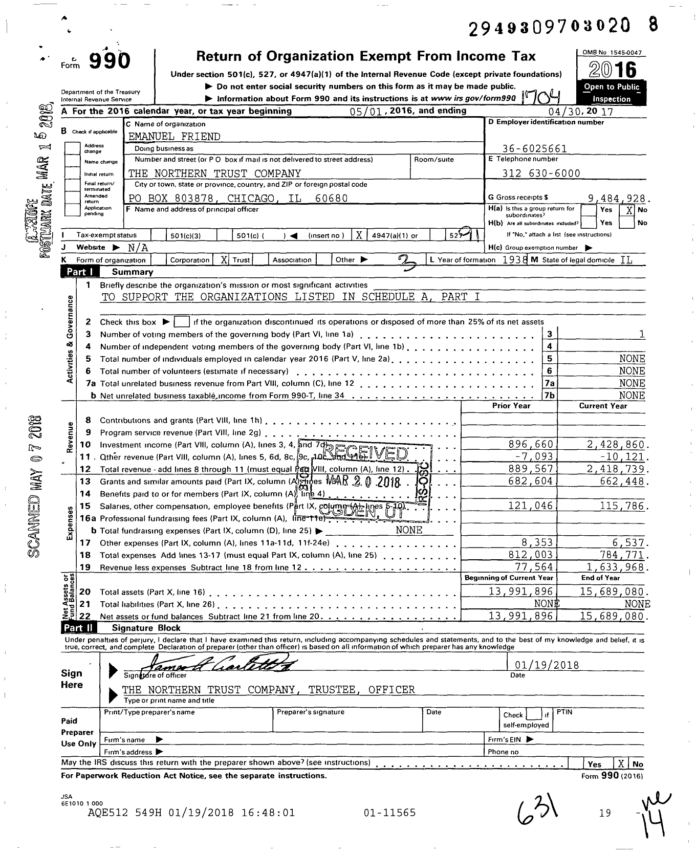 Image of first page of 2016 Form 990O for Emanuel Friend