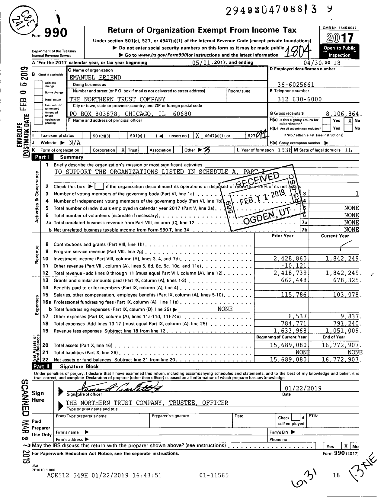 Image of first page of 2017 Form 990O for Emanuel Friend