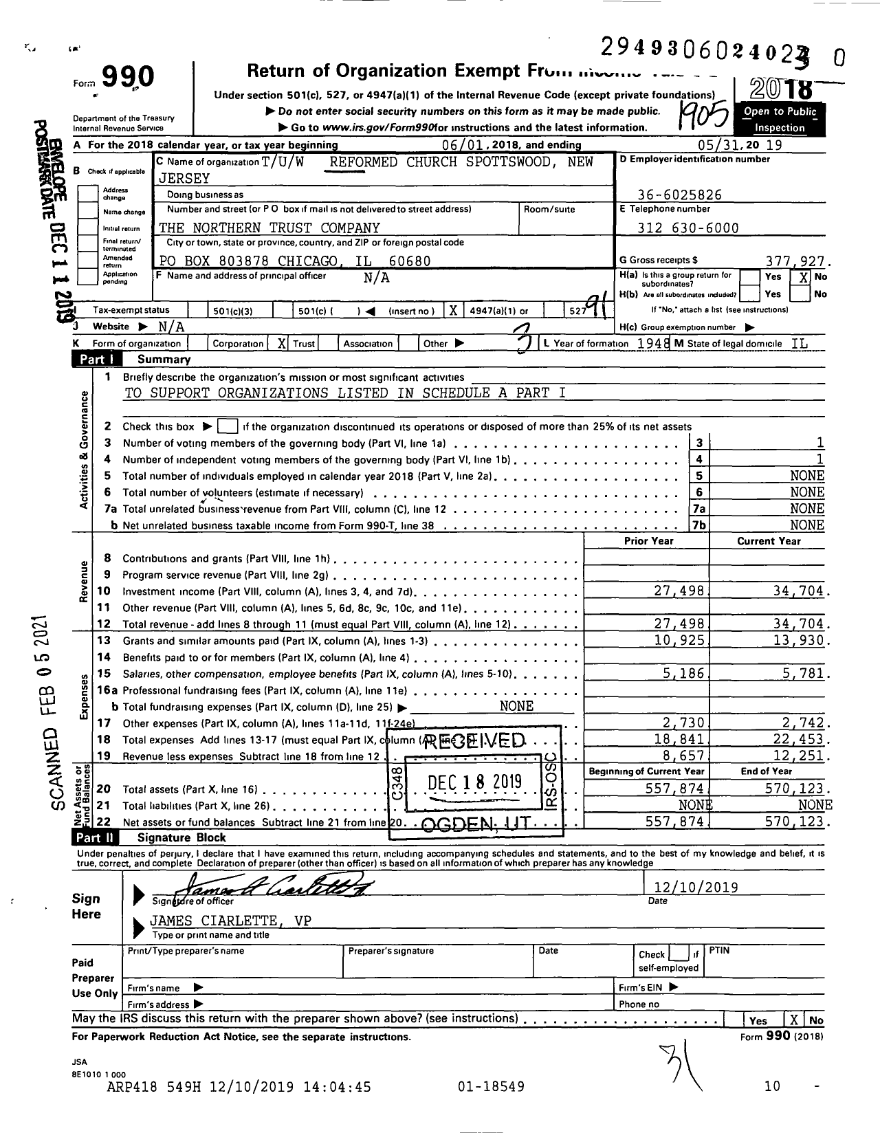 Image of first page of 2018 Form 990O for Tuw Reformed Church Spottswood New