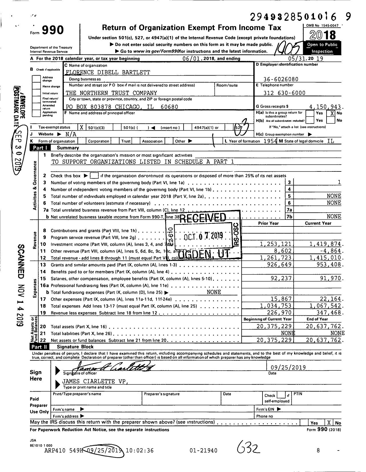 Image of first page of 2018 Form 990 for Florence Dibell Bartlett