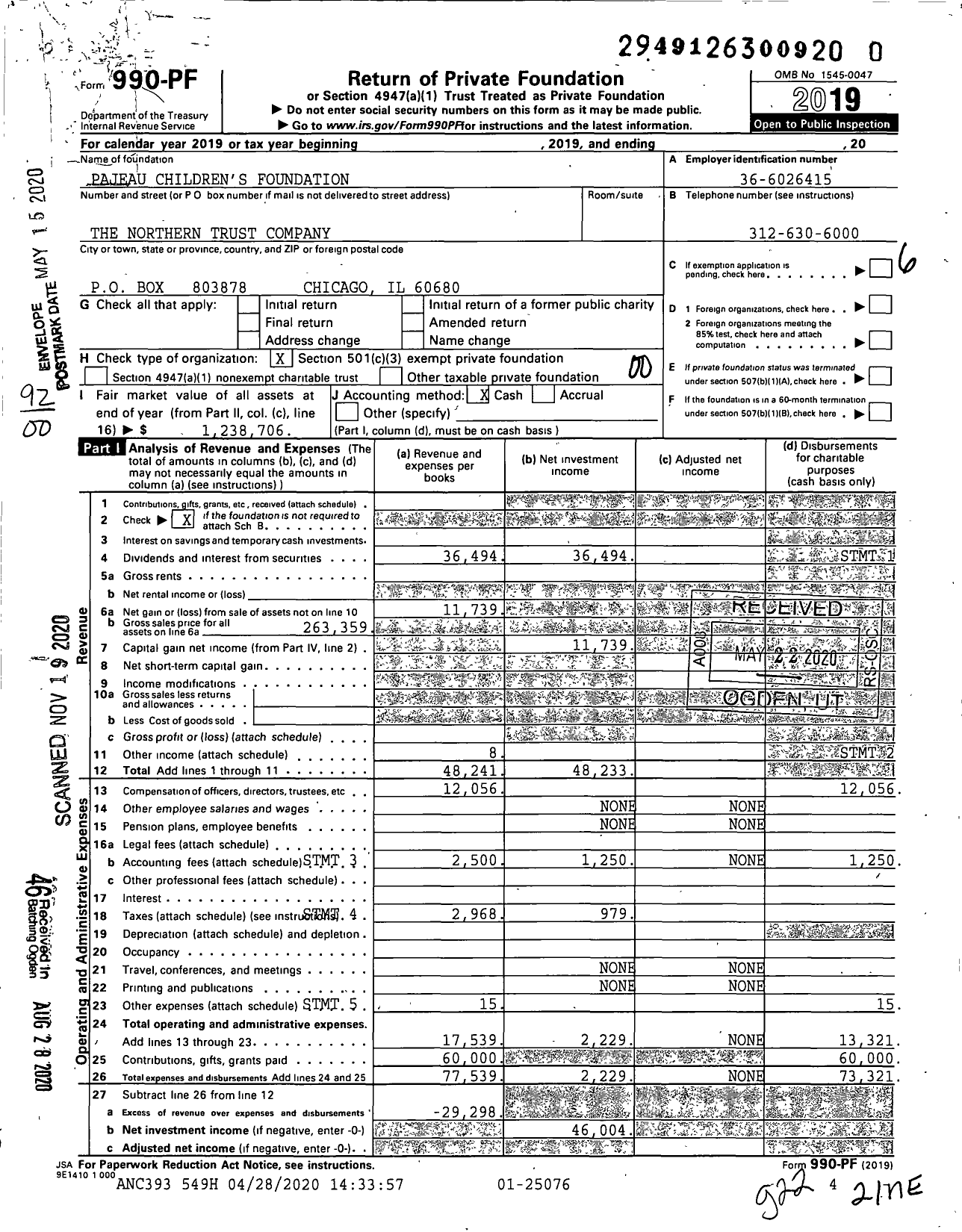 Image of first page of 2019 Form 990PF for Pajeau Children's Foundation