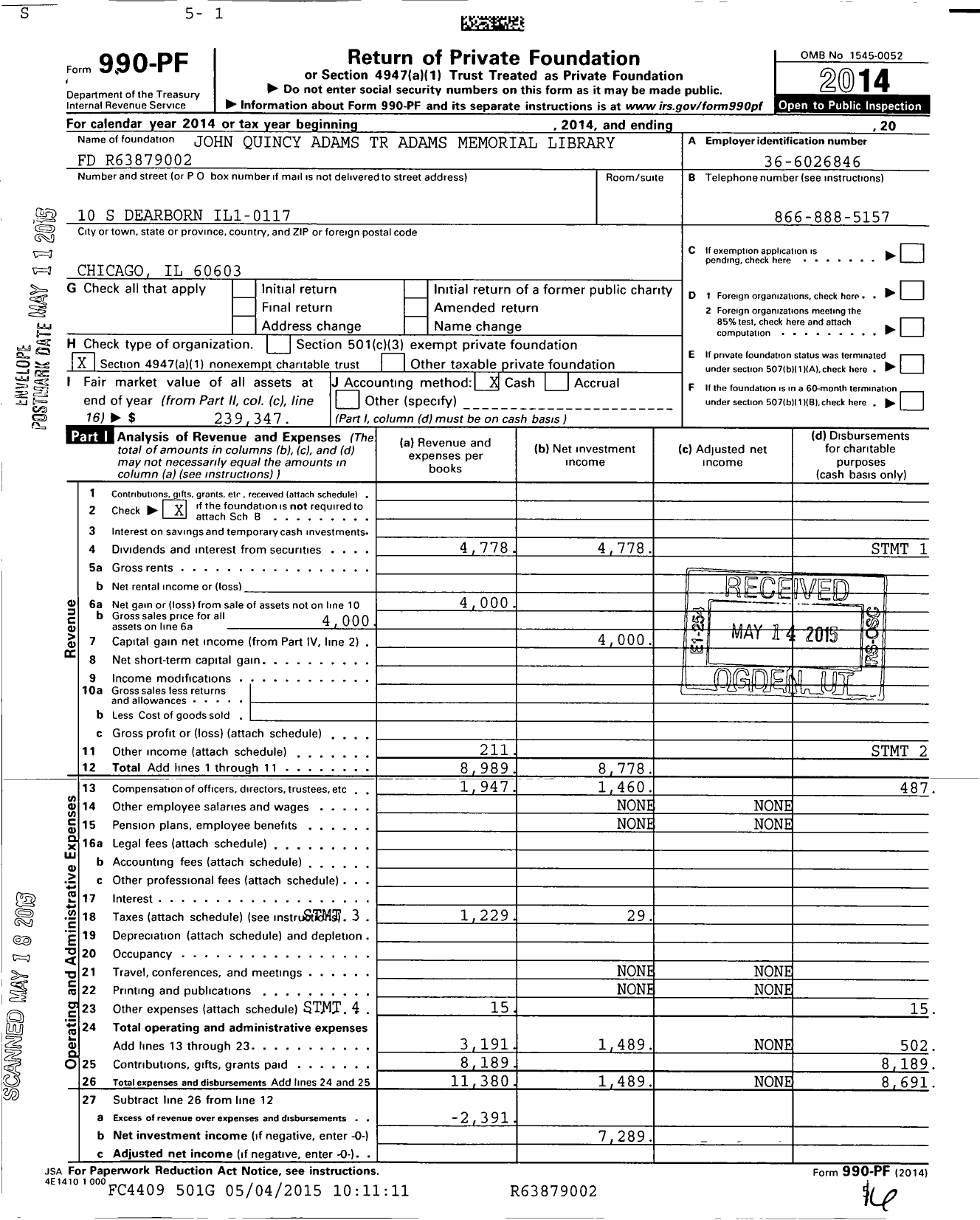 Image of first page of 2014 Form 990PF for John Quincy Adams TR Adams Memorial Library Fund