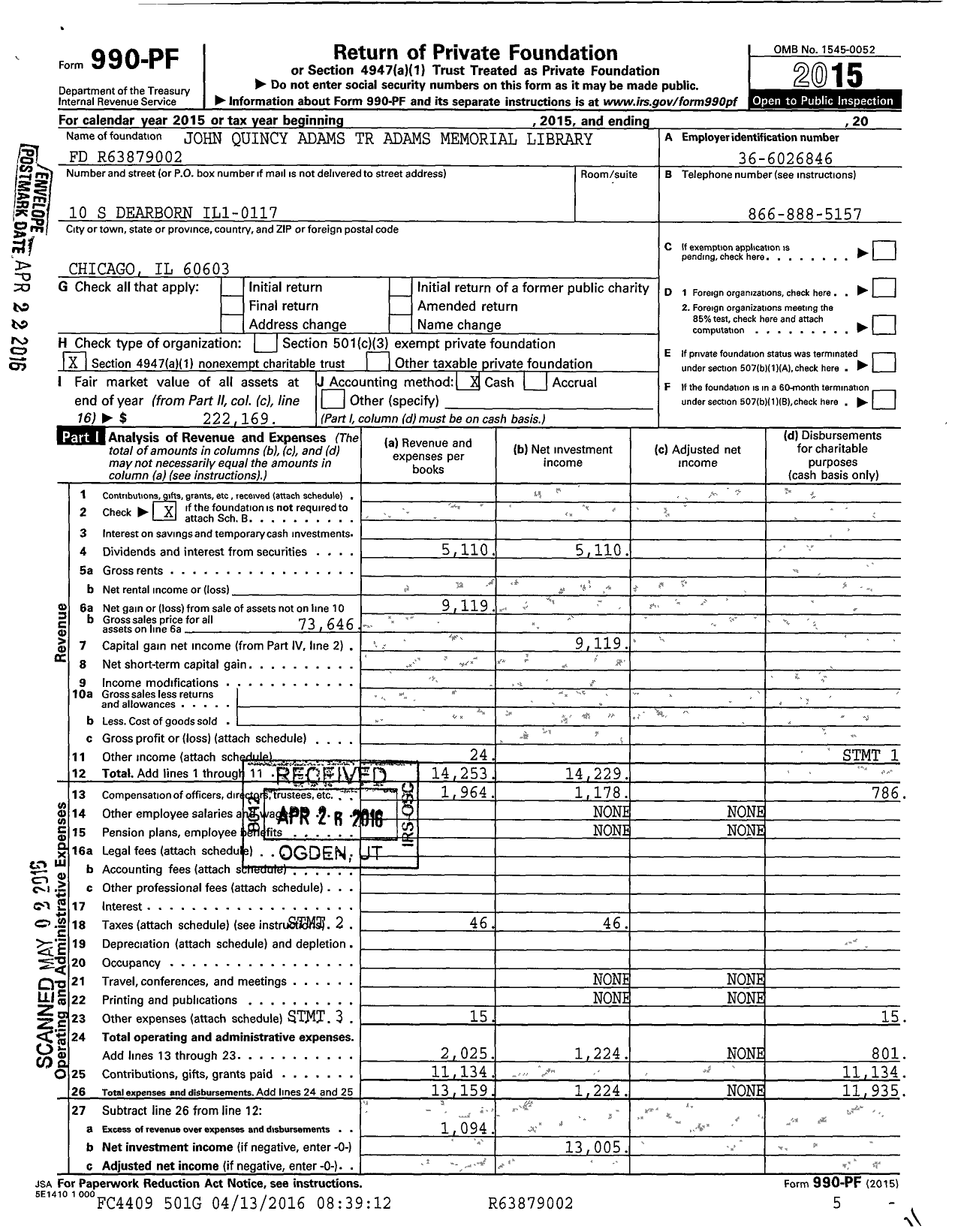 Image of first page of 2015 Form 990PF for John Quincy Adams TR Adams Memorial Library Fund