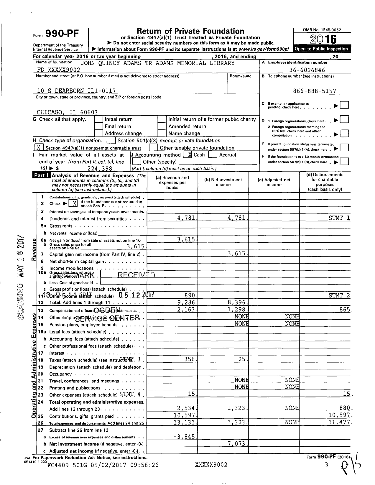 Image of first page of 2016 Form 990PF for John Quincy Adams TR Adams Memorial Library Fund