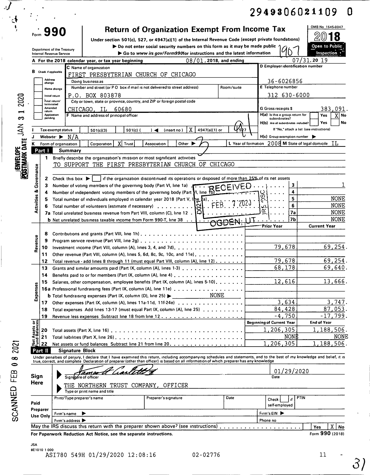 Image of first page of 2018 Form 990O for First Presbyterian Church of Chicago