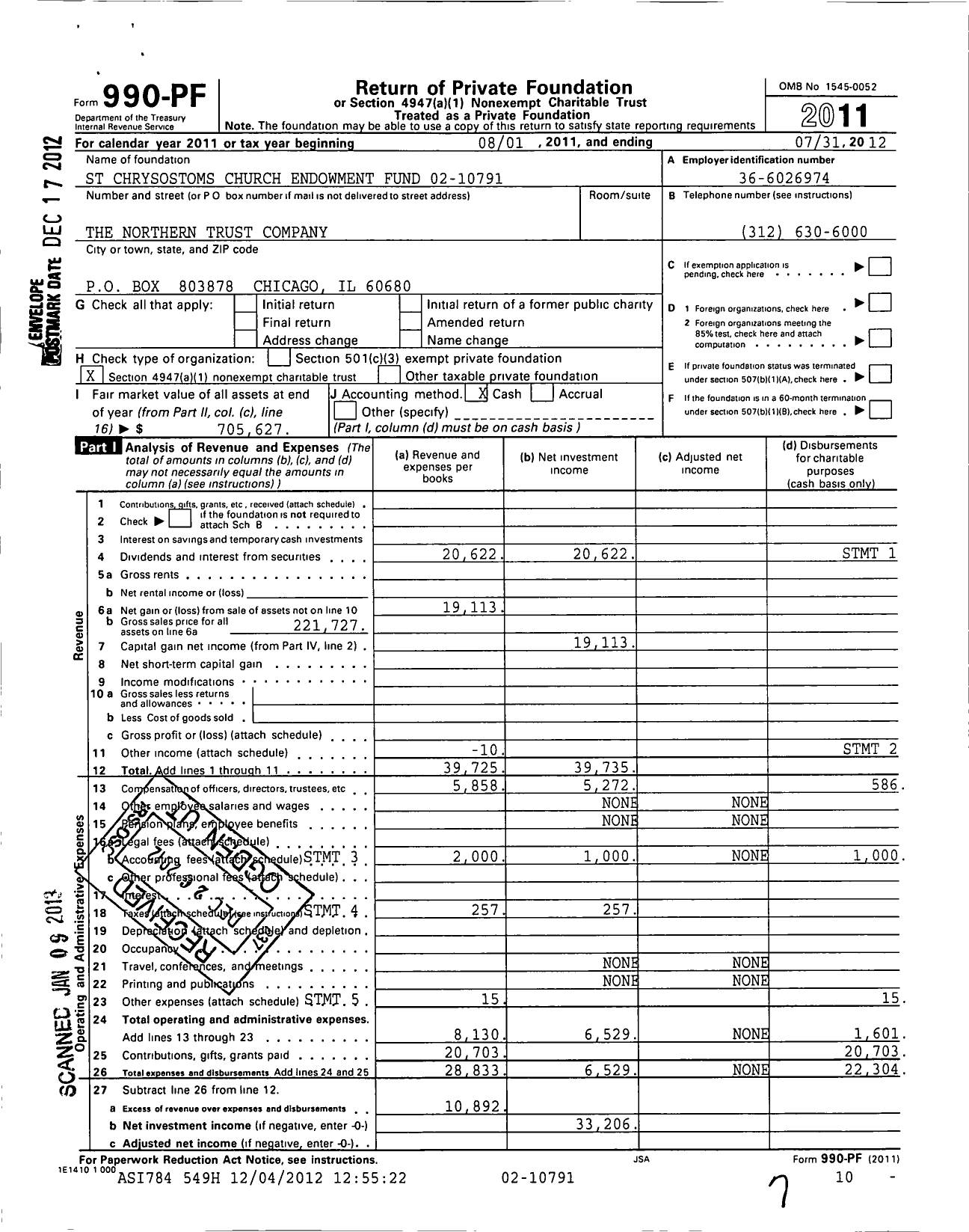 Image of first page of 2011 Form 990PF for St Chrysostoms Church Endowment Fund