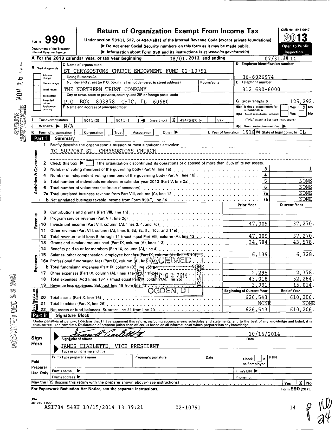 Image of first page of 2013 Form 990O for St Chrysostoms Church Endowment Fund