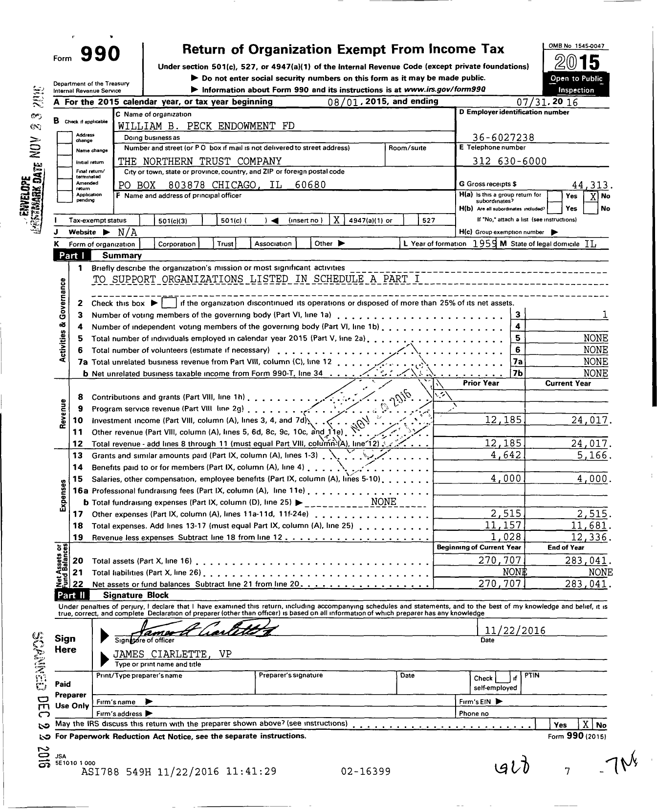 Image of first page of 2015 Form 990O for William B Peck Endowment Fund