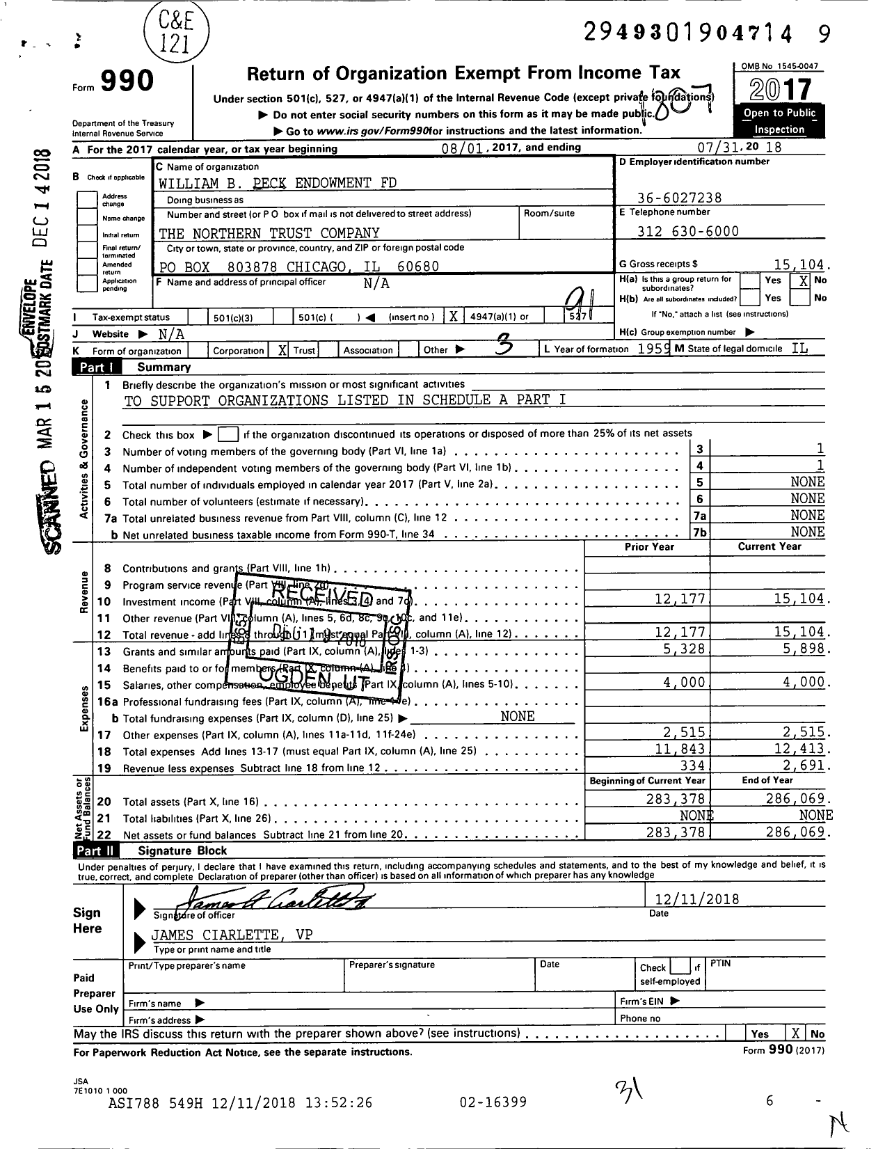 Image of first page of 2017 Form 990O for William B Peck Endowment Fund