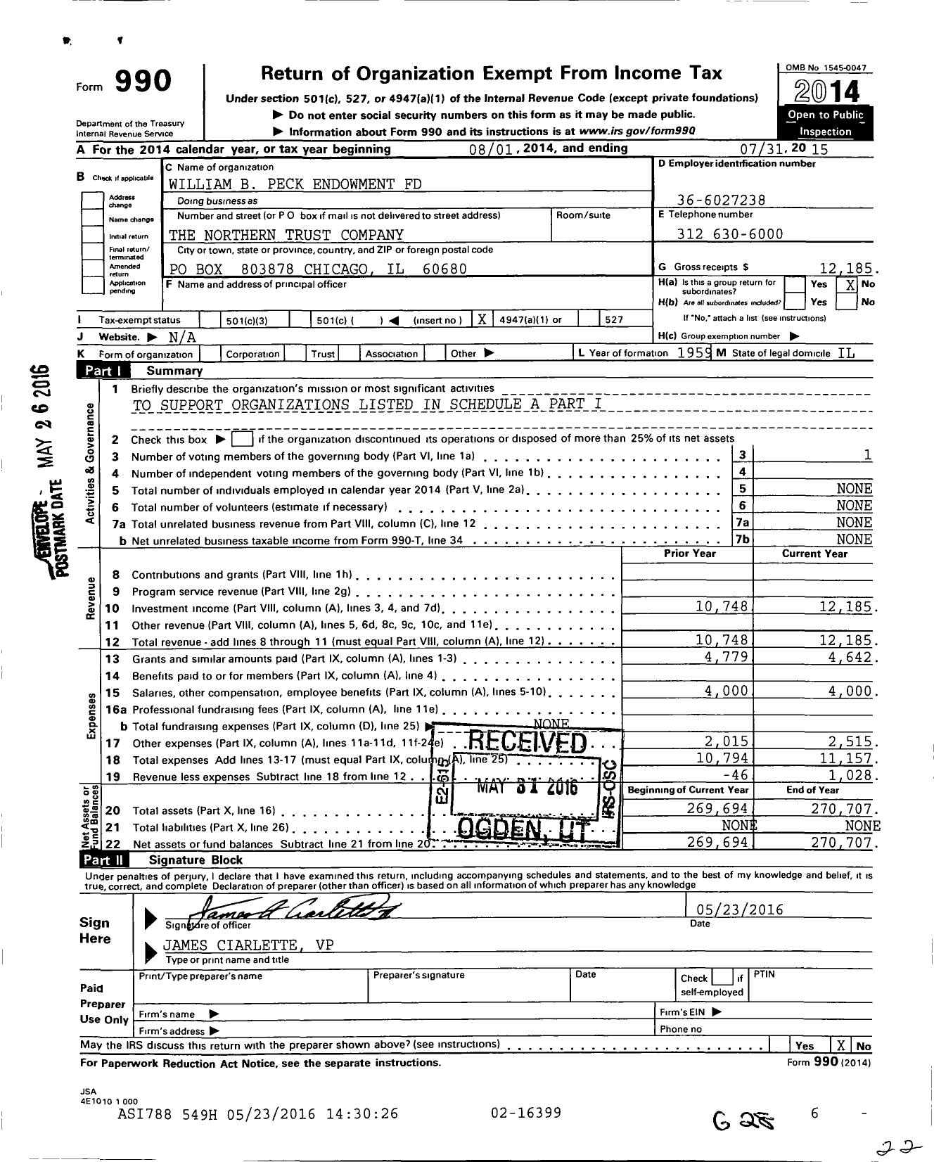 Image of first page of 2014 Form 990O for William B Peck Endowment Fund