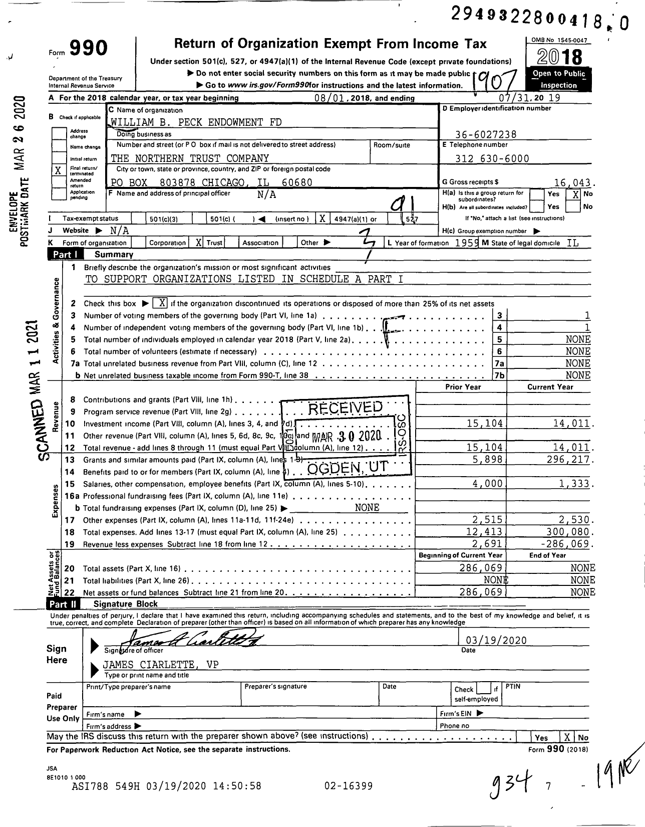 Image of first page of 2018 Form 990O for William B Peck Endowment Fund