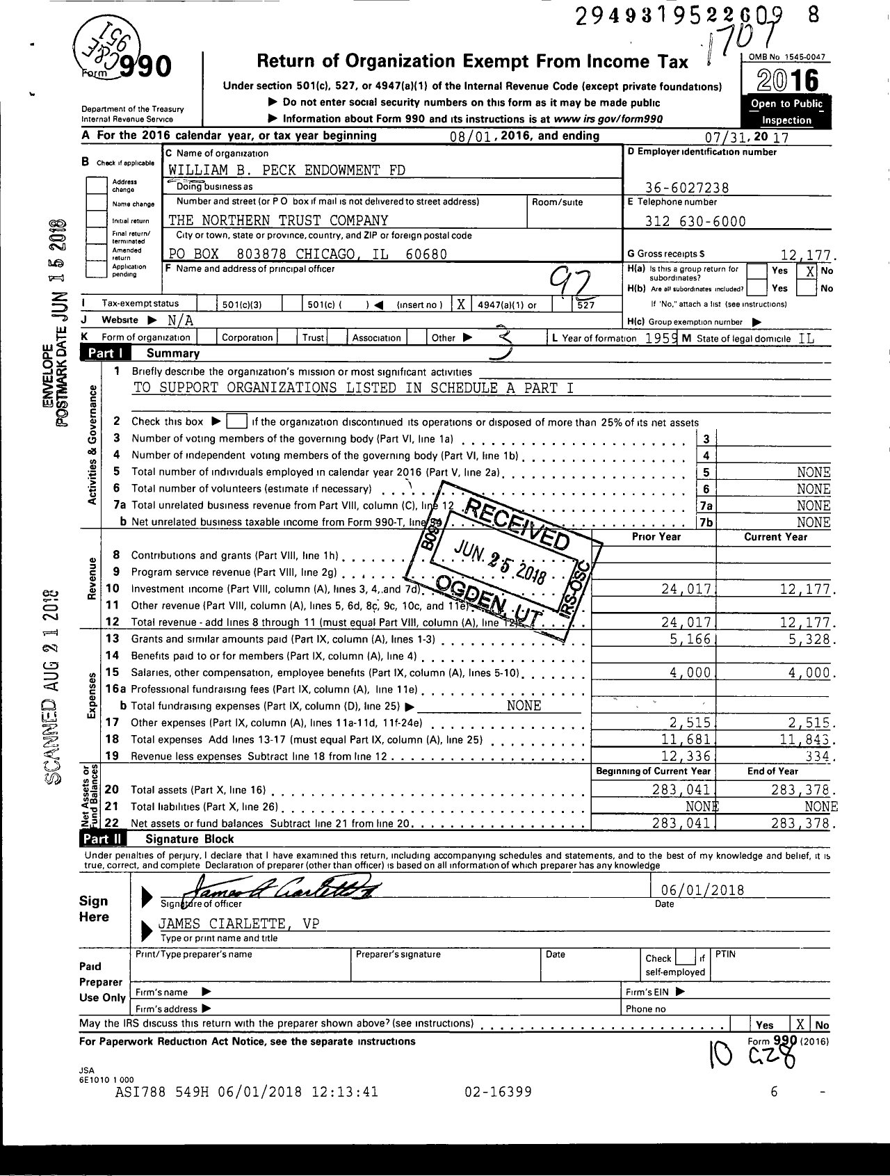 Image of first page of 2016 Form 990O for William B Peck Endowment Fund