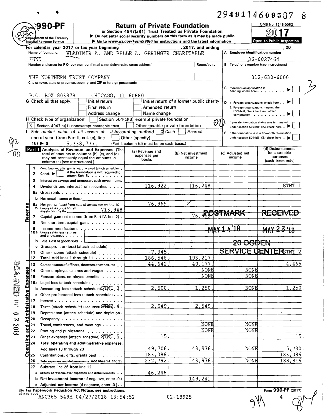 Image of first page of 2017 Form 990PF for Vladimir A and Belle A Geringer Charitable