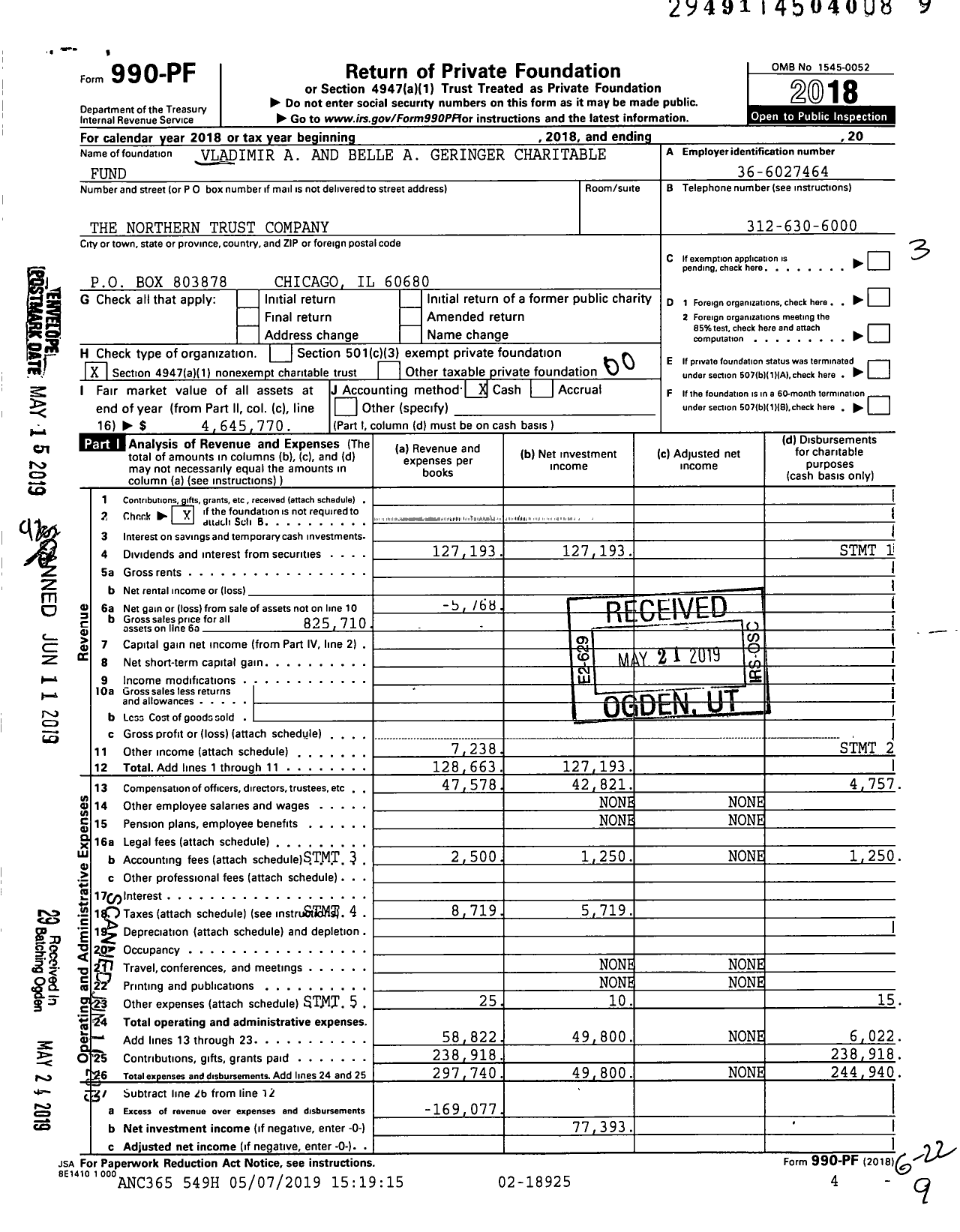 Image of first page of 2018 Form 990PF for Vladimir A and Belle A Geringer Charitable