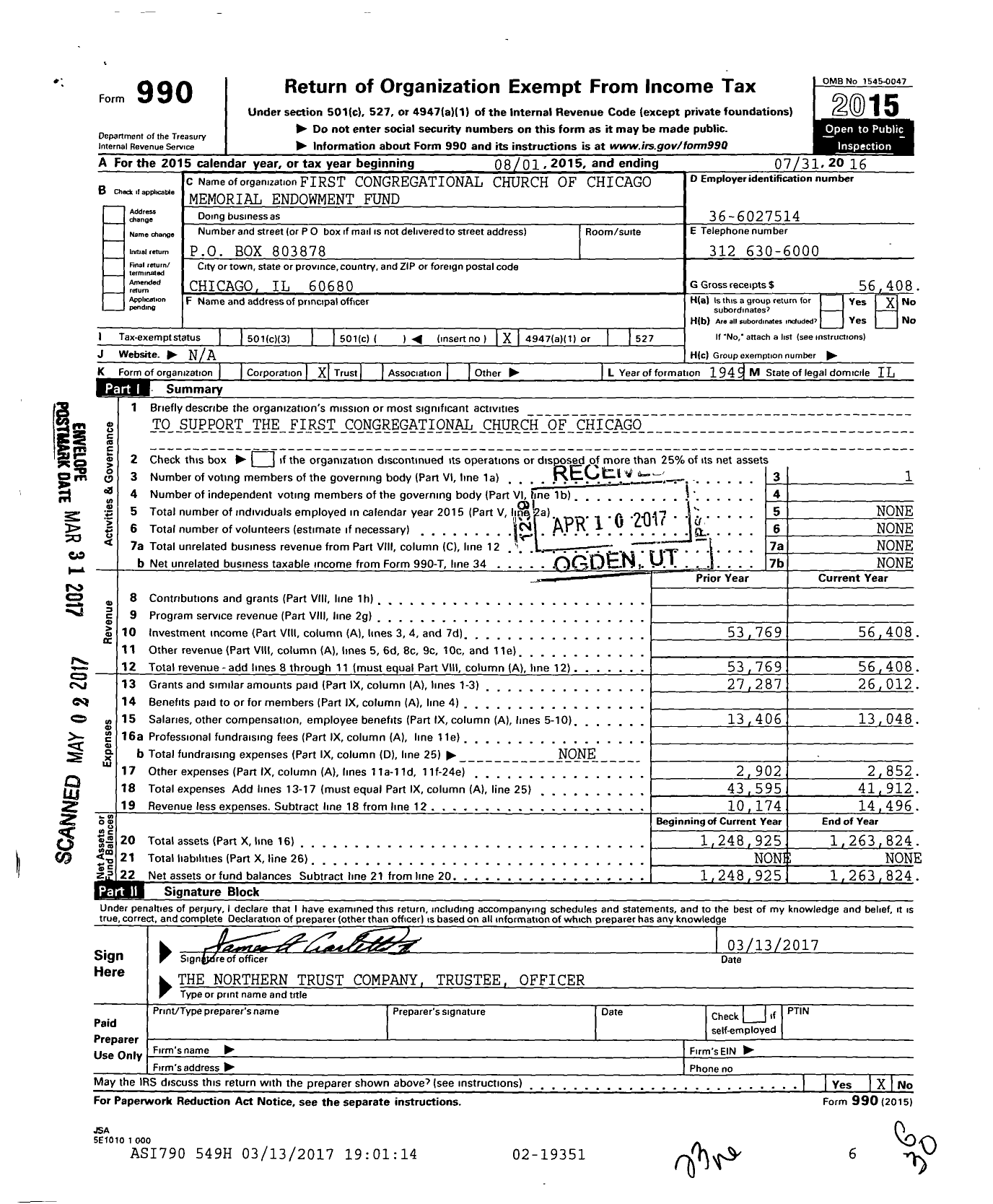 Image of first page of 2015 Form 990O for Memorial Endowment Trust Fund