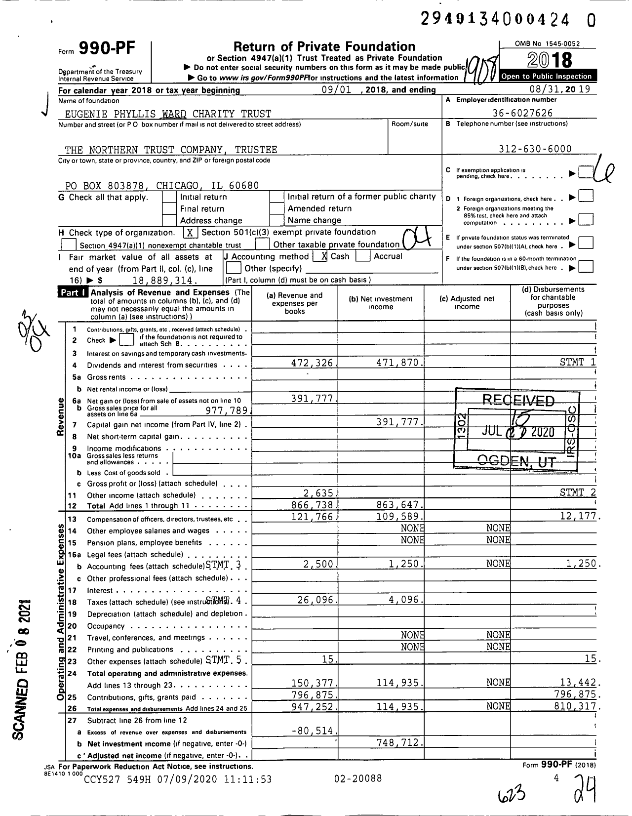 Image of first page of 2018 Form 990PF for Eugenie Phyllis Ward Charity Trust