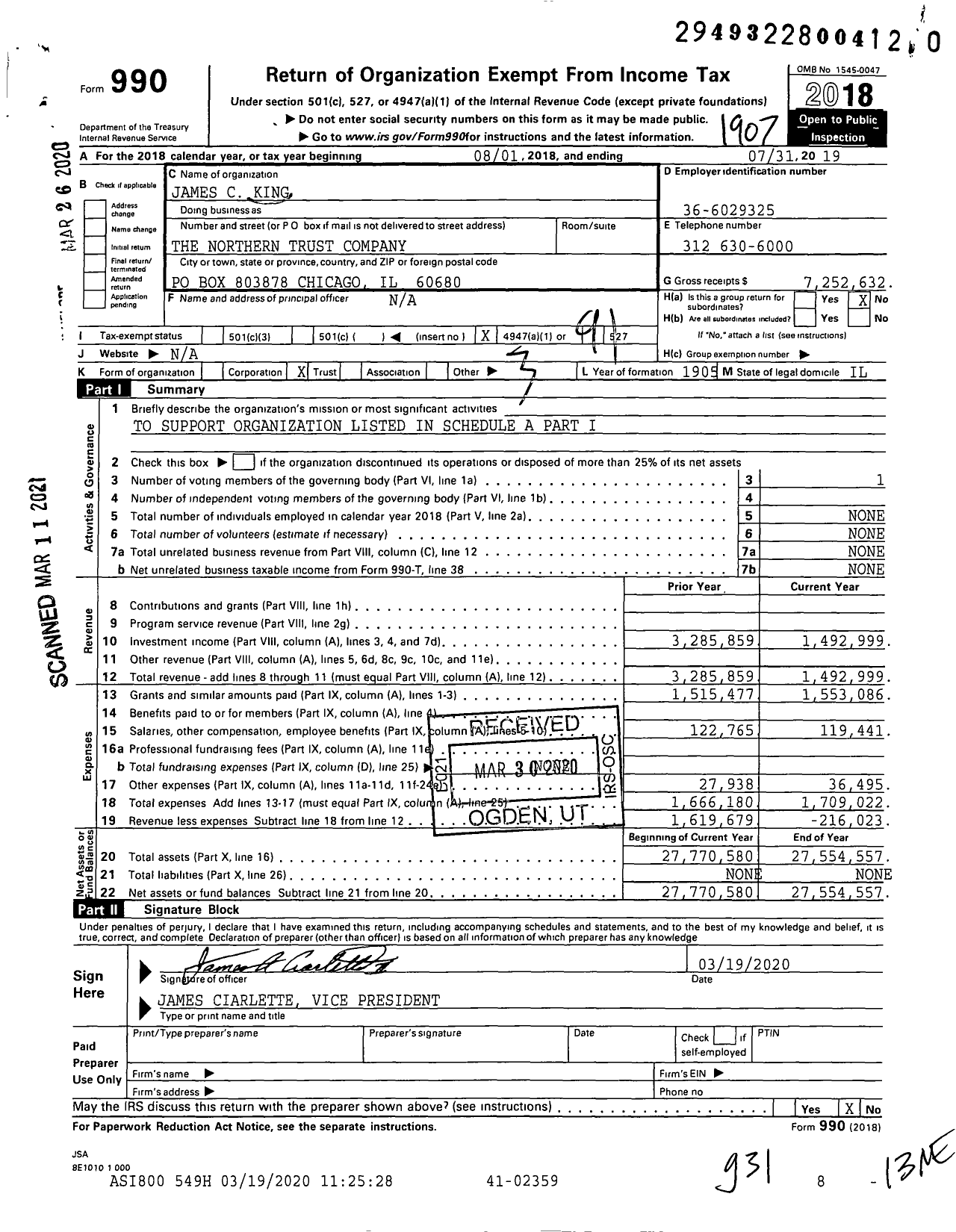 Image of first page of 2018 Form 990O for James C King