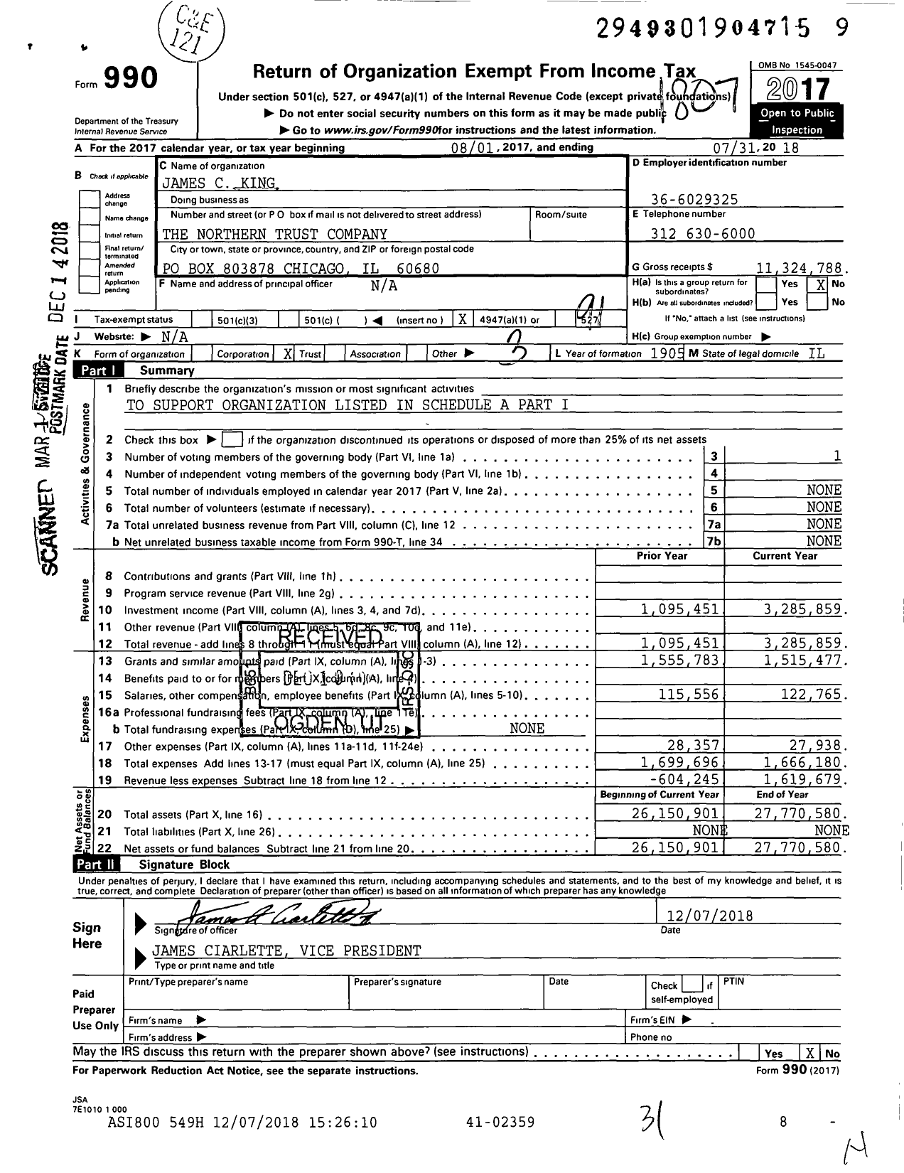 Image of first page of 2017 Form 990O for James C King