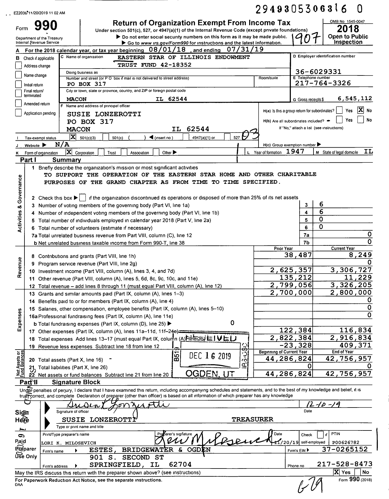 Image of first page of 2018 Form 990 for Eastern Star of Illinois Endowment Trust Fund 42-18352