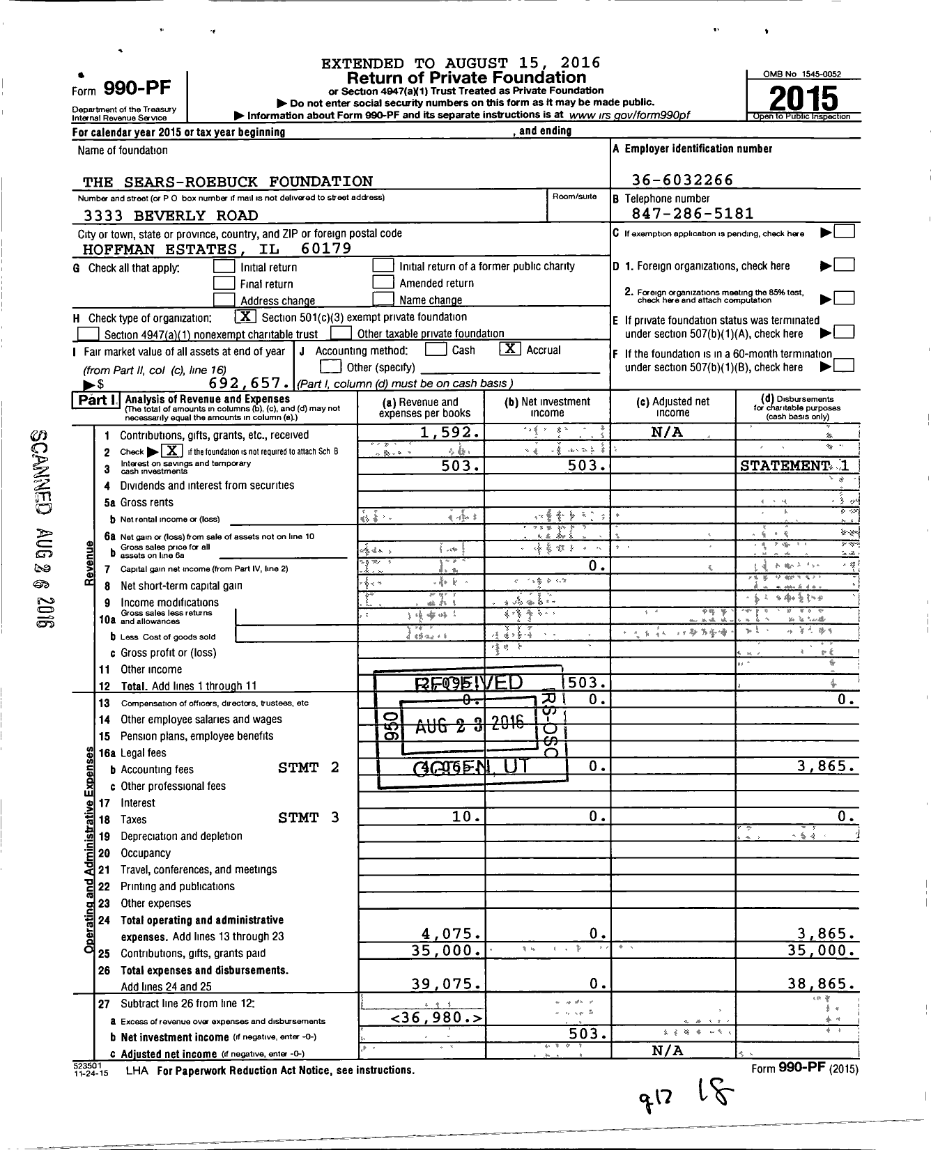 Image of first page of 2015 Form 990PF for The Sears-Roebuck Foundation