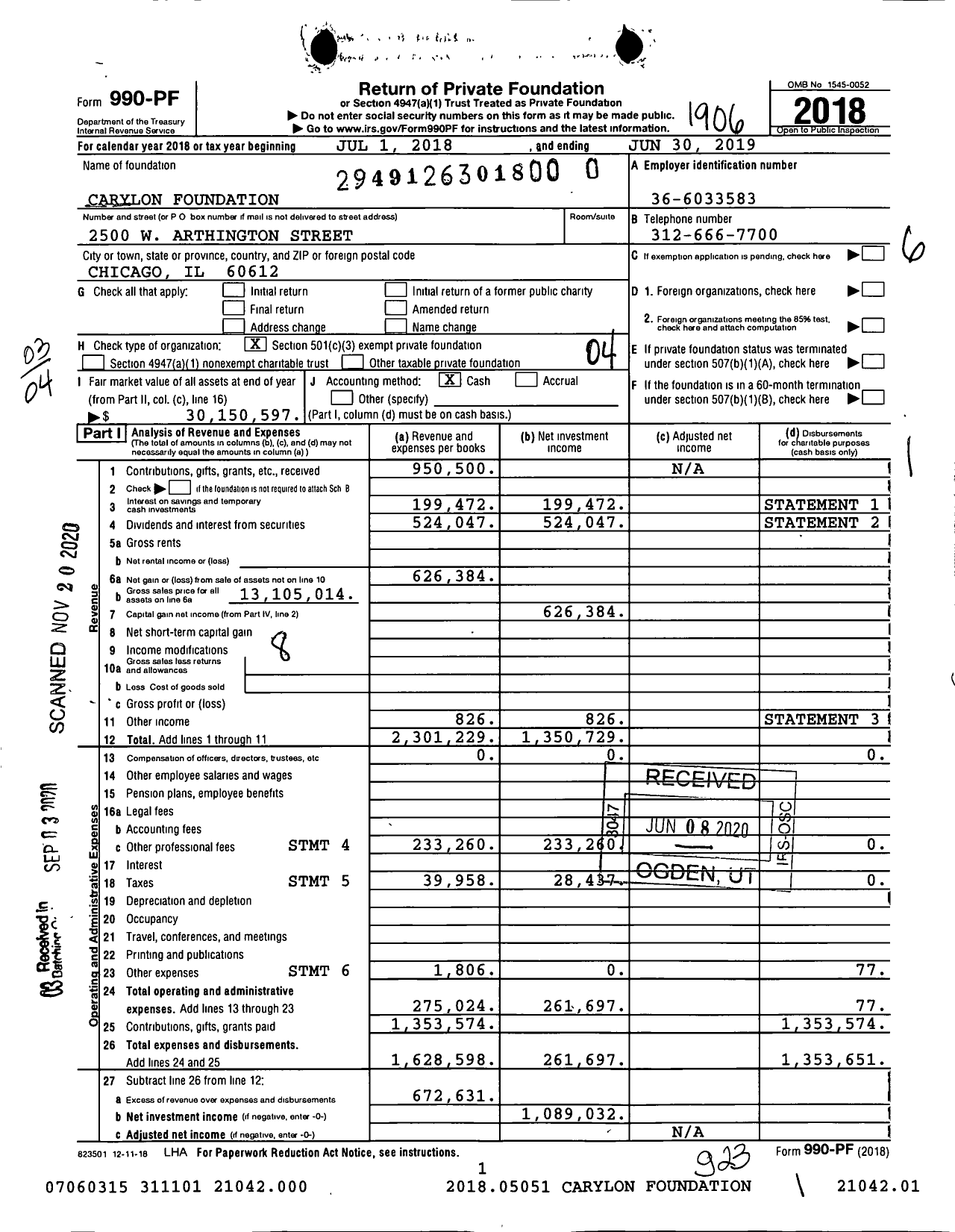 Image of first page of 2018 Form 990PF for Carylon Julius and Marcie Hemmelstein Foundation