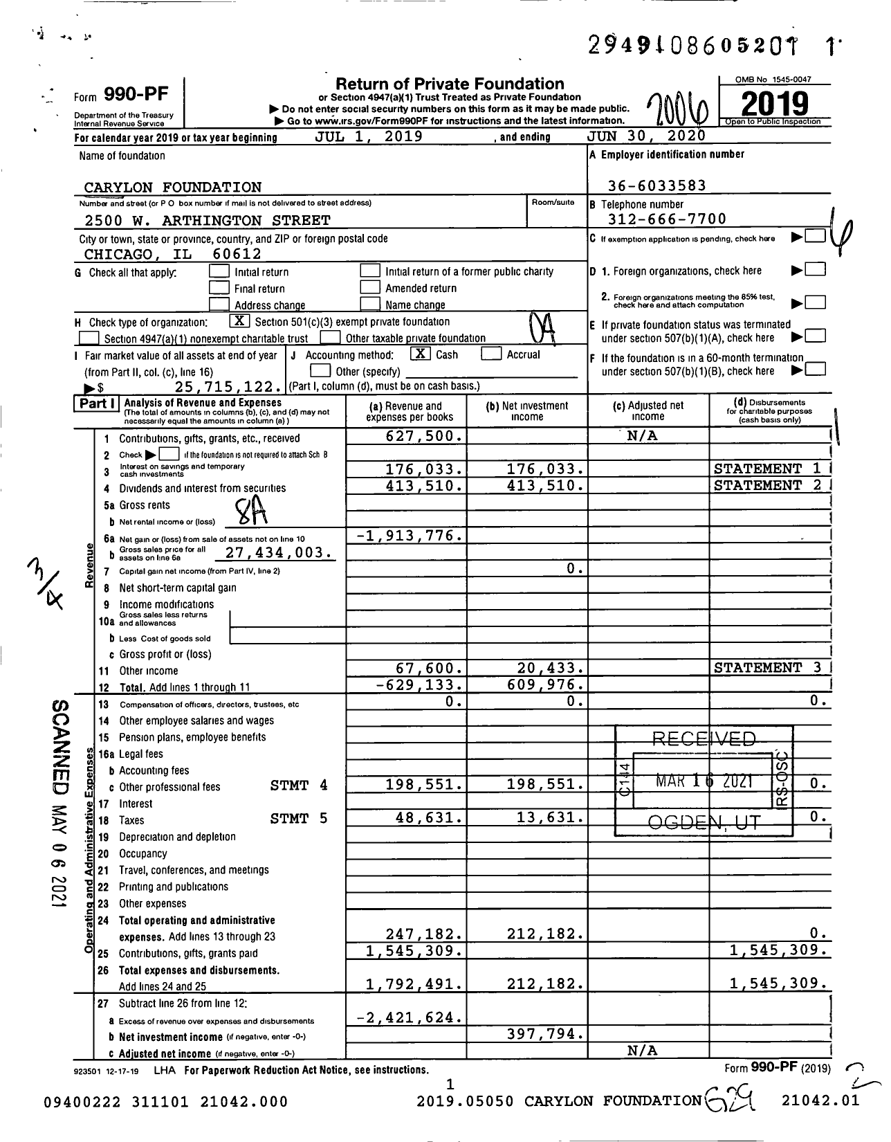 Image of first page of 2019 Form 990PF for Carylon Julius and Marcie Hemmelstein Foundation