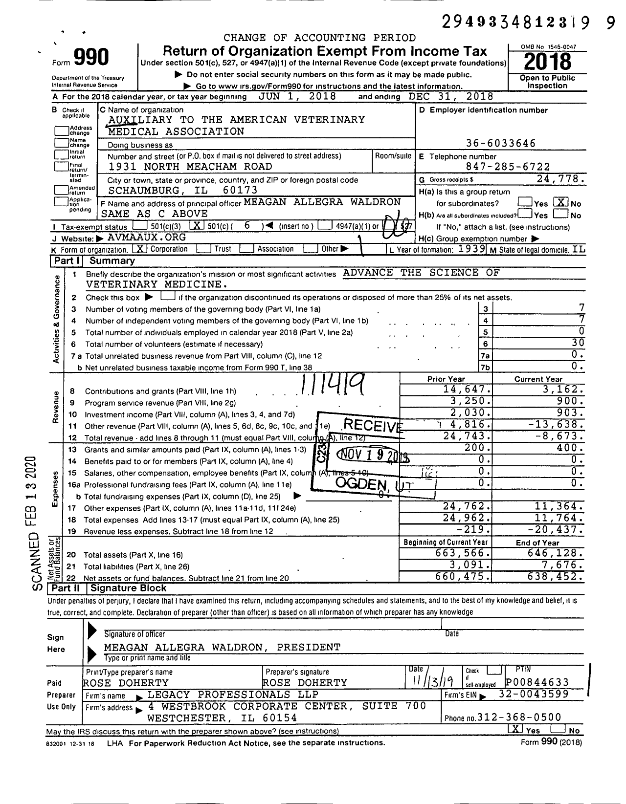 Image of first page of 2018 Form 990O for Auxiliary To the American Veterinary Medical Association