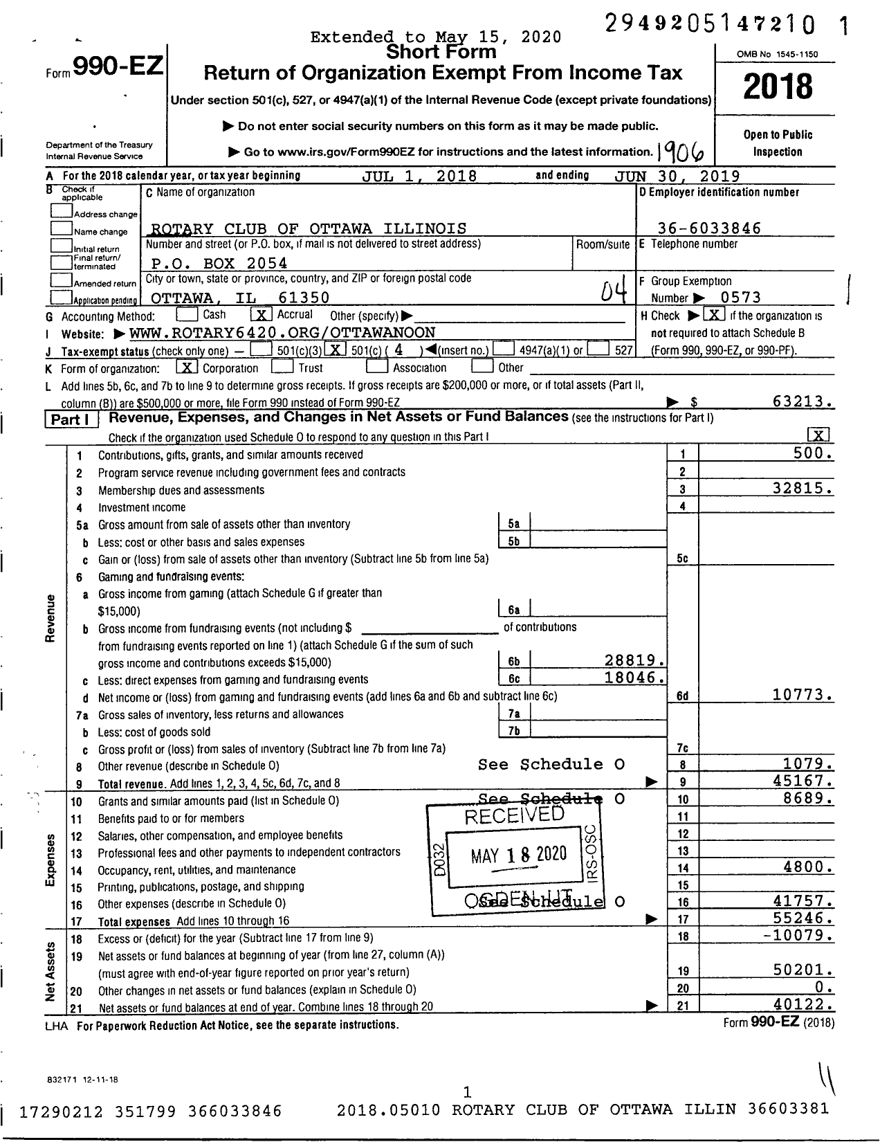 Image of first page of 2018 Form 990EO for Rotary International - Rotary Club of Ottawa Illinois