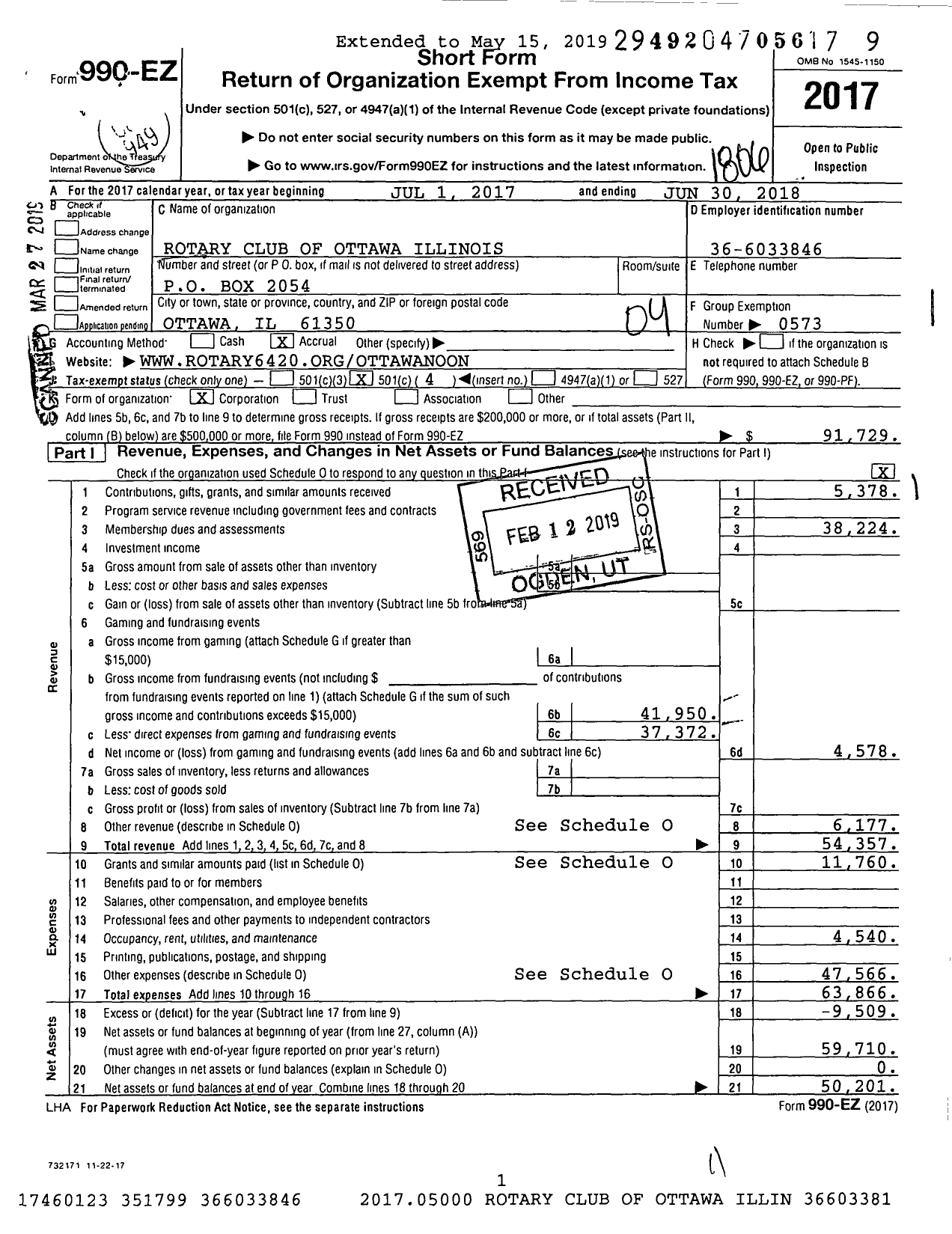 Image of first page of 2017 Form 990EO for Rotary International - Rotary Club of Ottawa Illinois