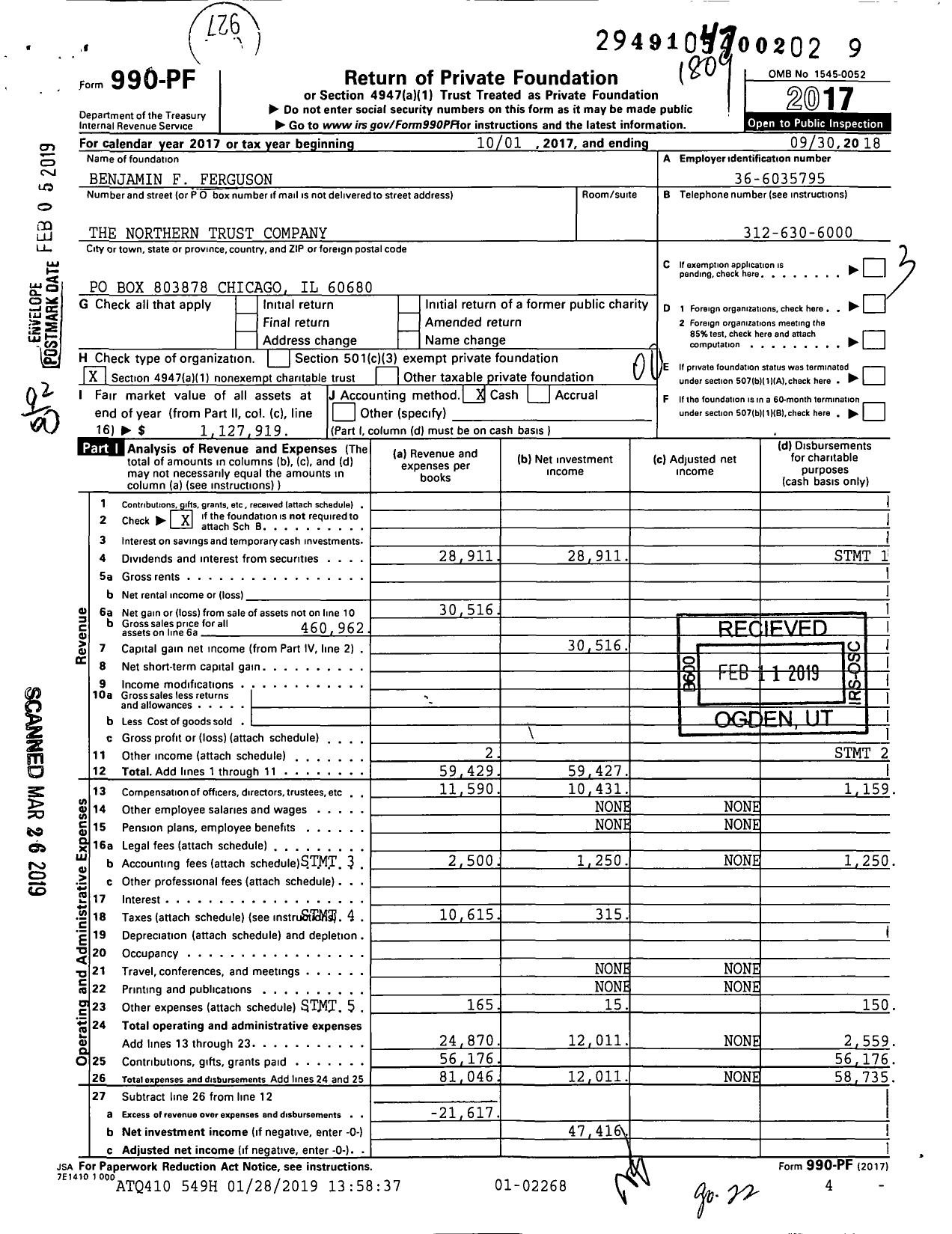 Image of first page of 2017 Form 990PF for Benjamin F Ferguson