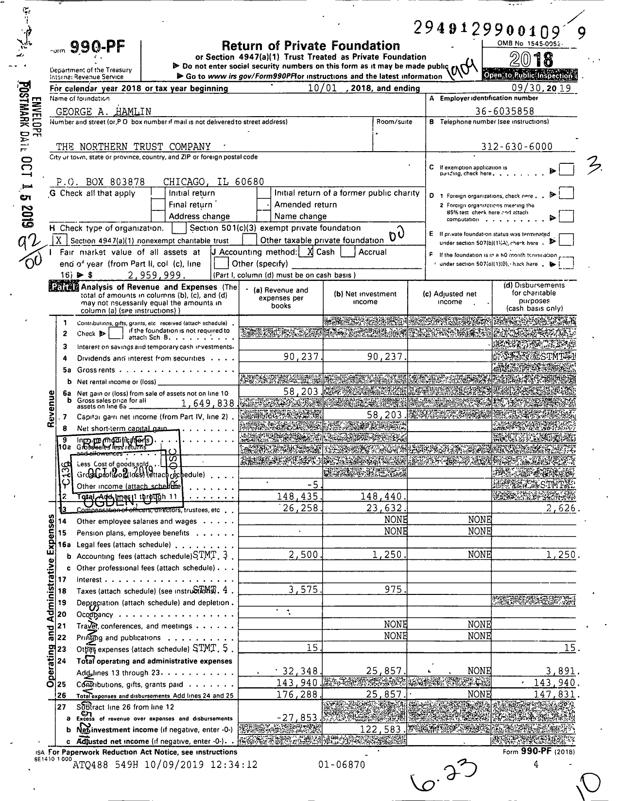 Image of first page of 2018 Form 990PF for George A Hamlin