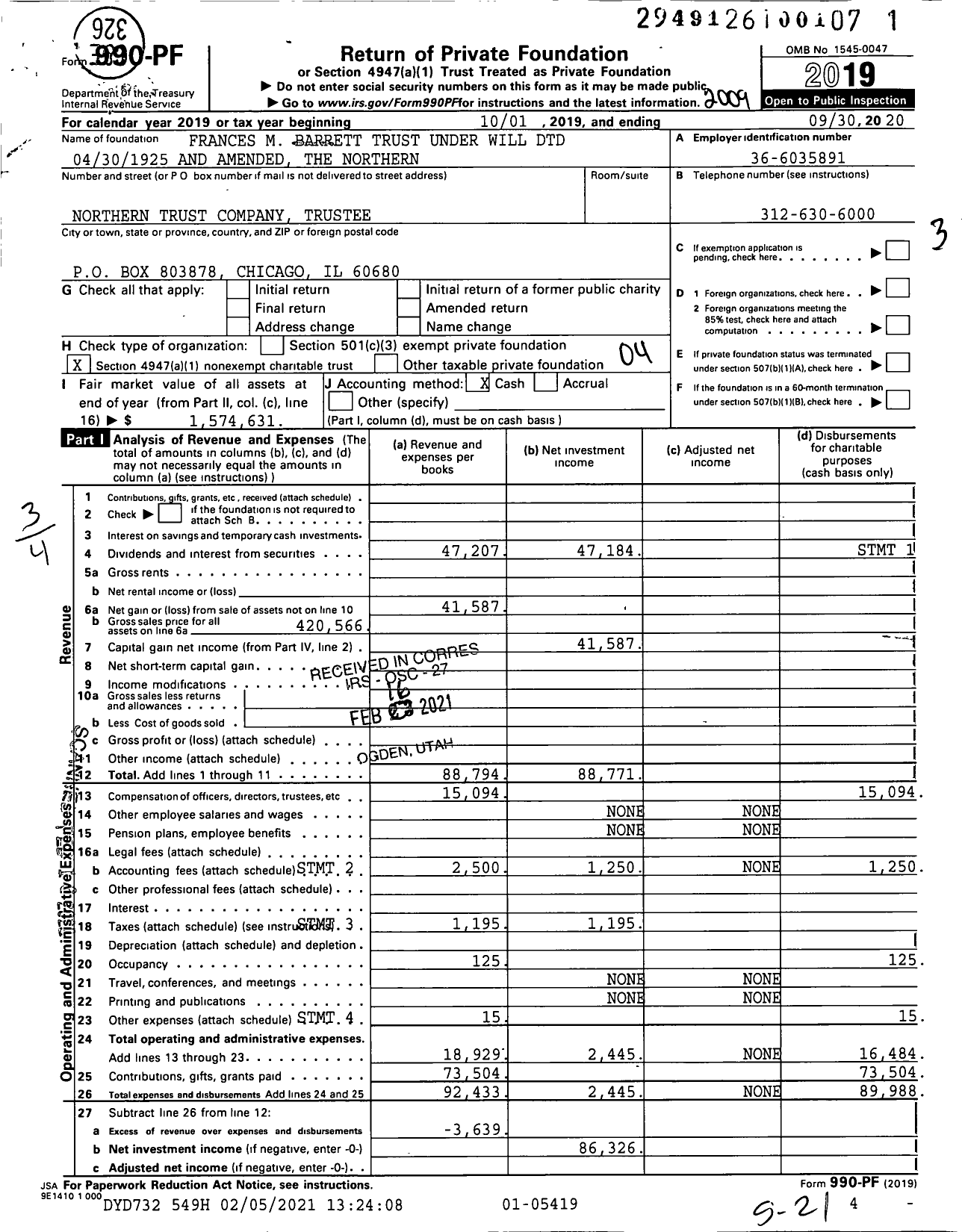 Image of first page of 2019 Form 990PF for Frances M Barrett Trust Under Will DTD