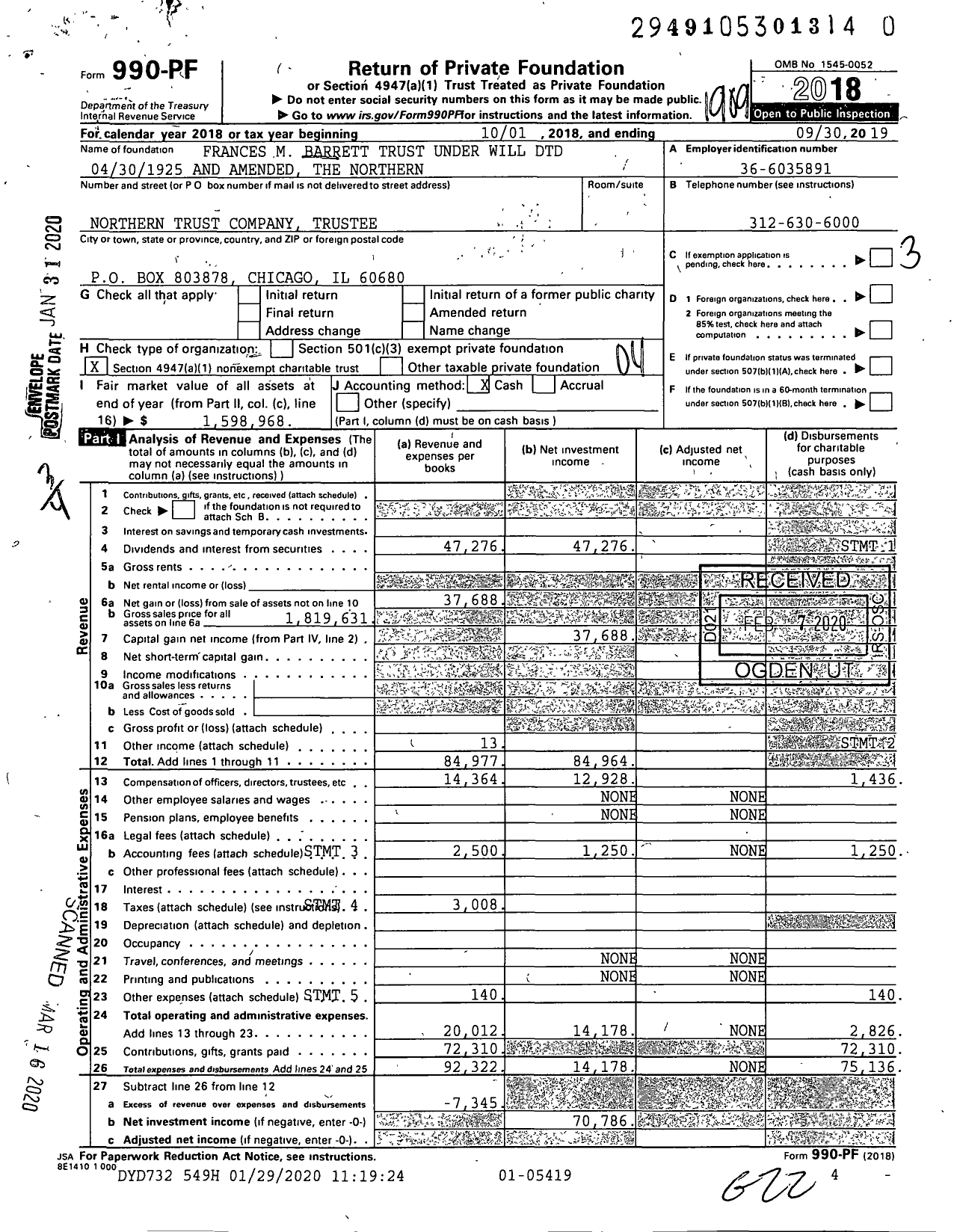 Image of first page of 2018 Form 990PR for Frances M Barrett Trust Under Will DTD