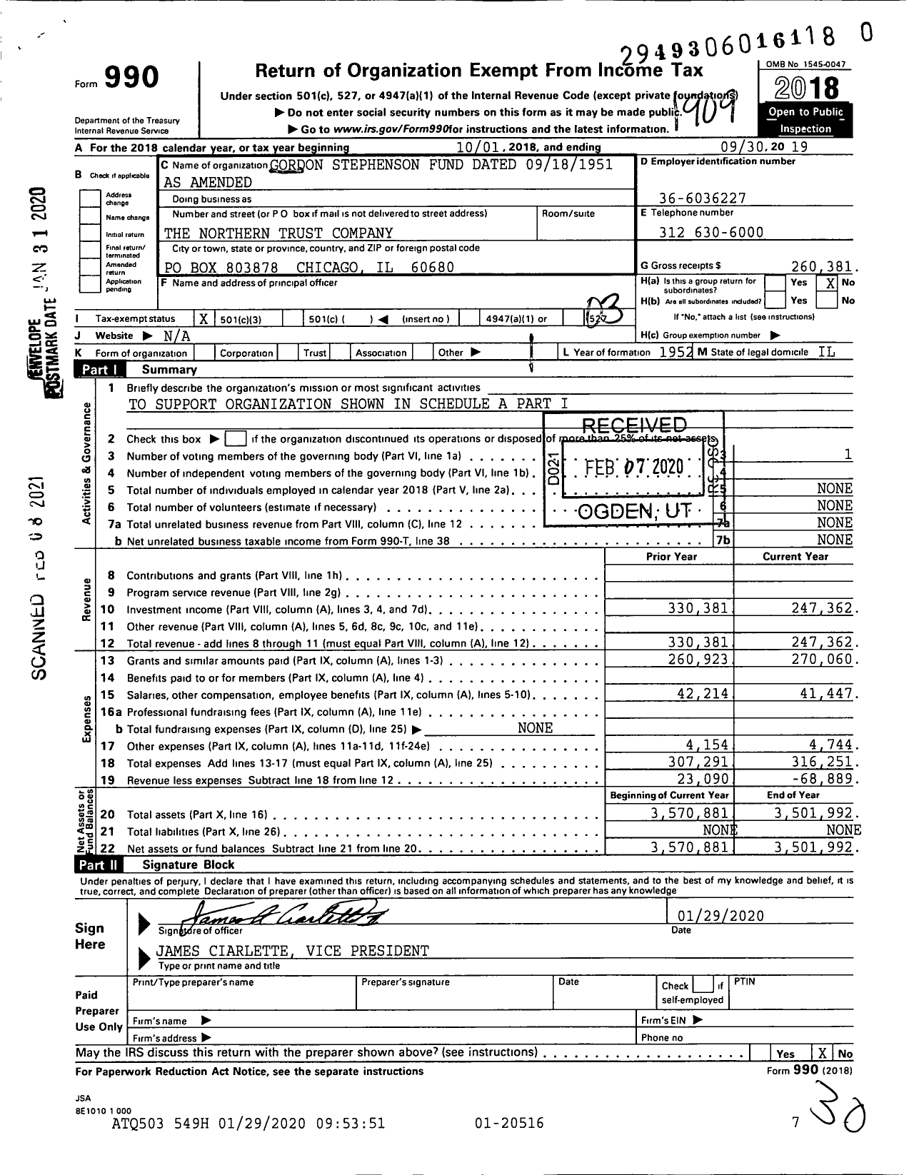 Image of first page of 2018 Form 990 for Gordon Stephenson Fund Dated 09181951