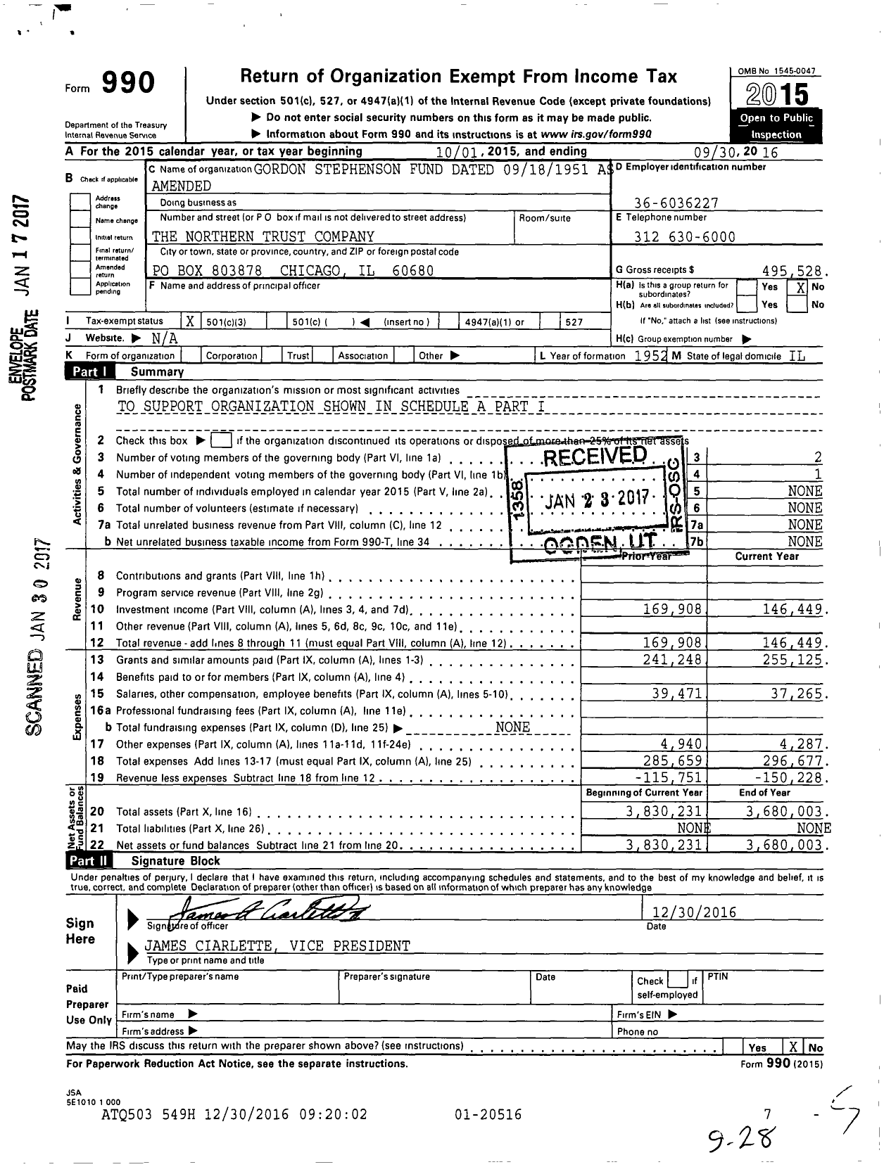 Image of first page of 2015 Form 990 for Gordon Stephenson Fund Dated 09181951