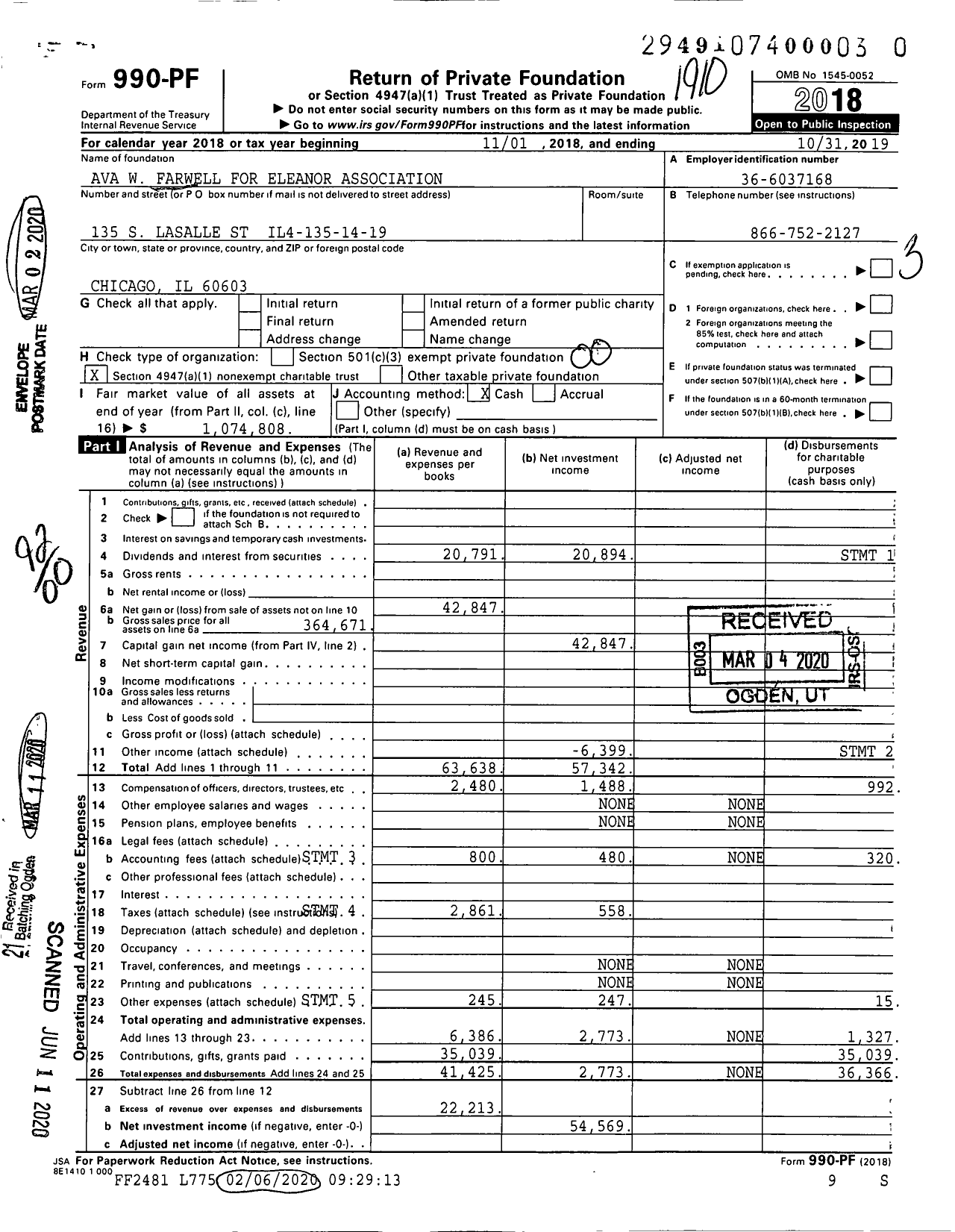 Image of first page of 2018 Form 990PR for Ava W Farwell for Eleanor Association