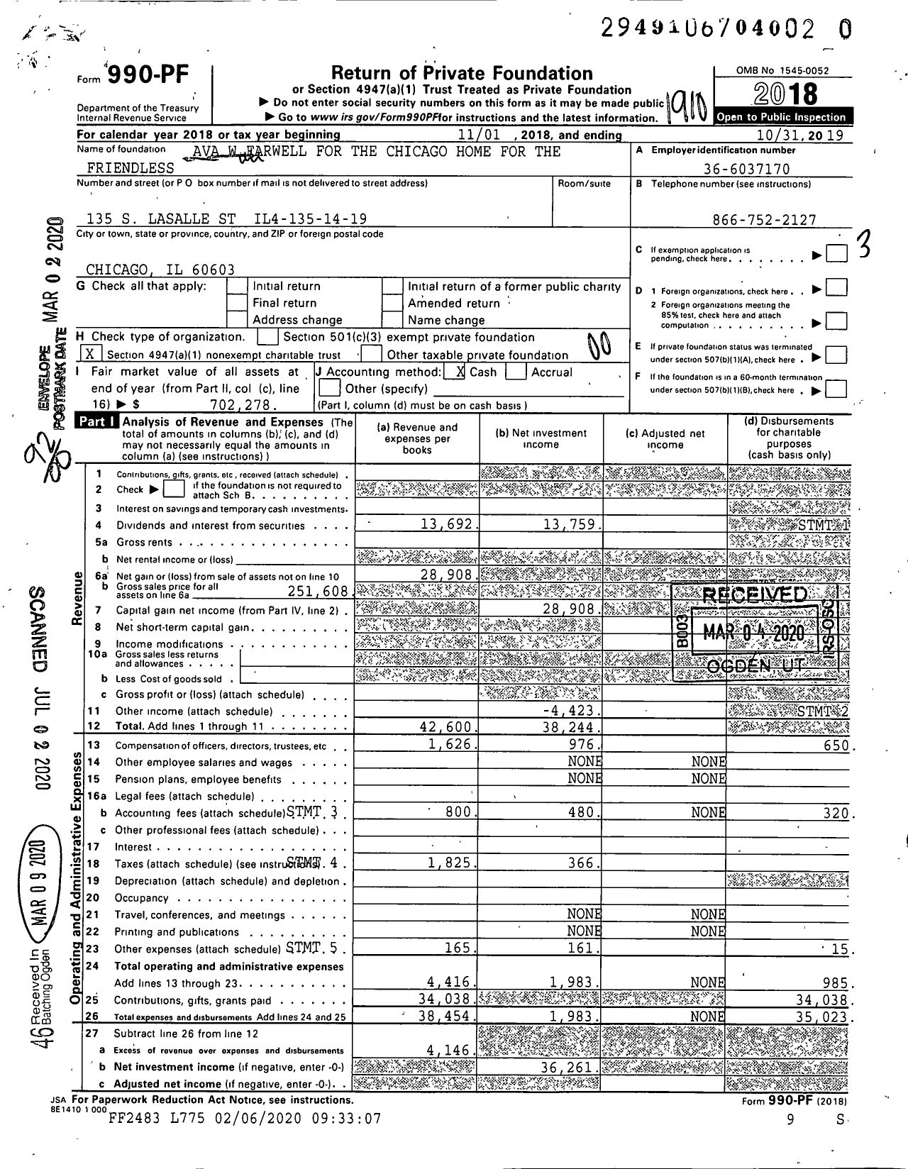 Image of first page of 2018 Form 990PR for Ava W Farwell for the Chicago Home for the