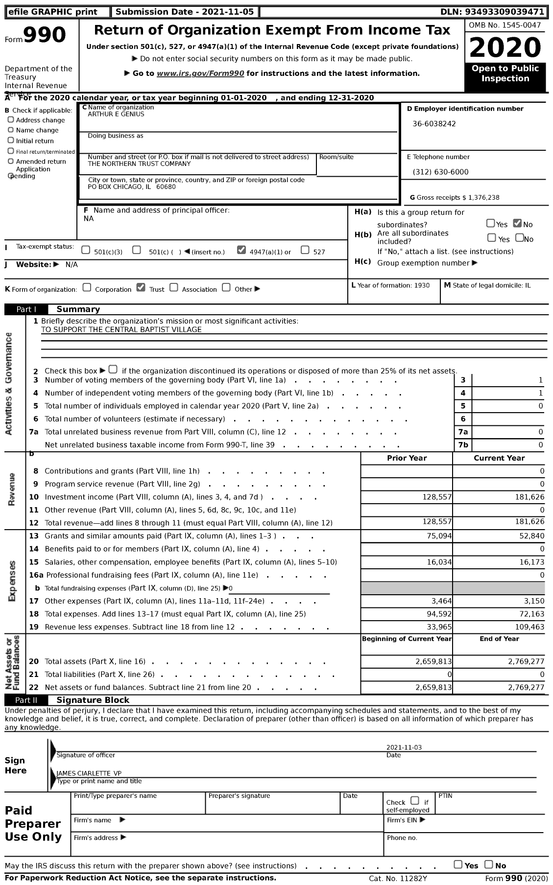 Image of first page of 2020 Form 990 for Arthur E Genius