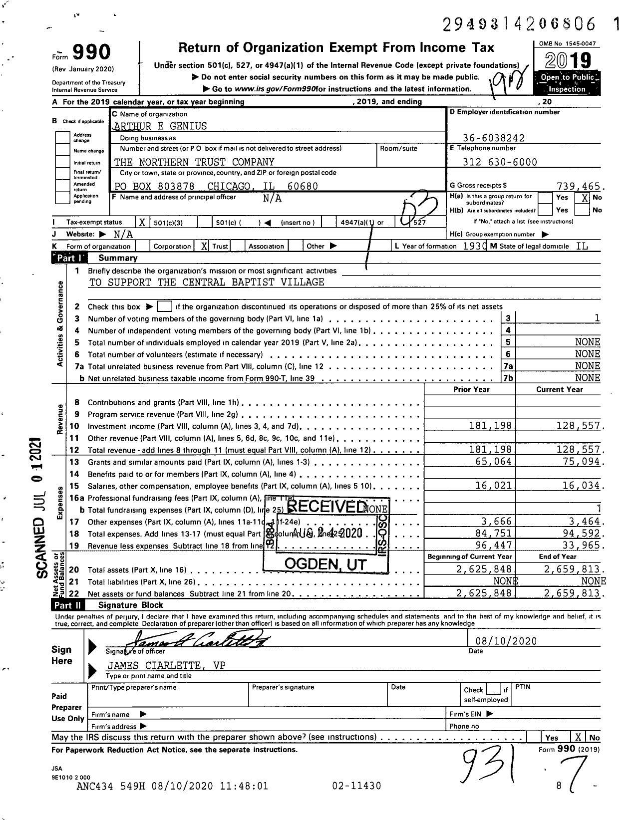 Image of first page of 2019 Form 990 for Arthur E Genius