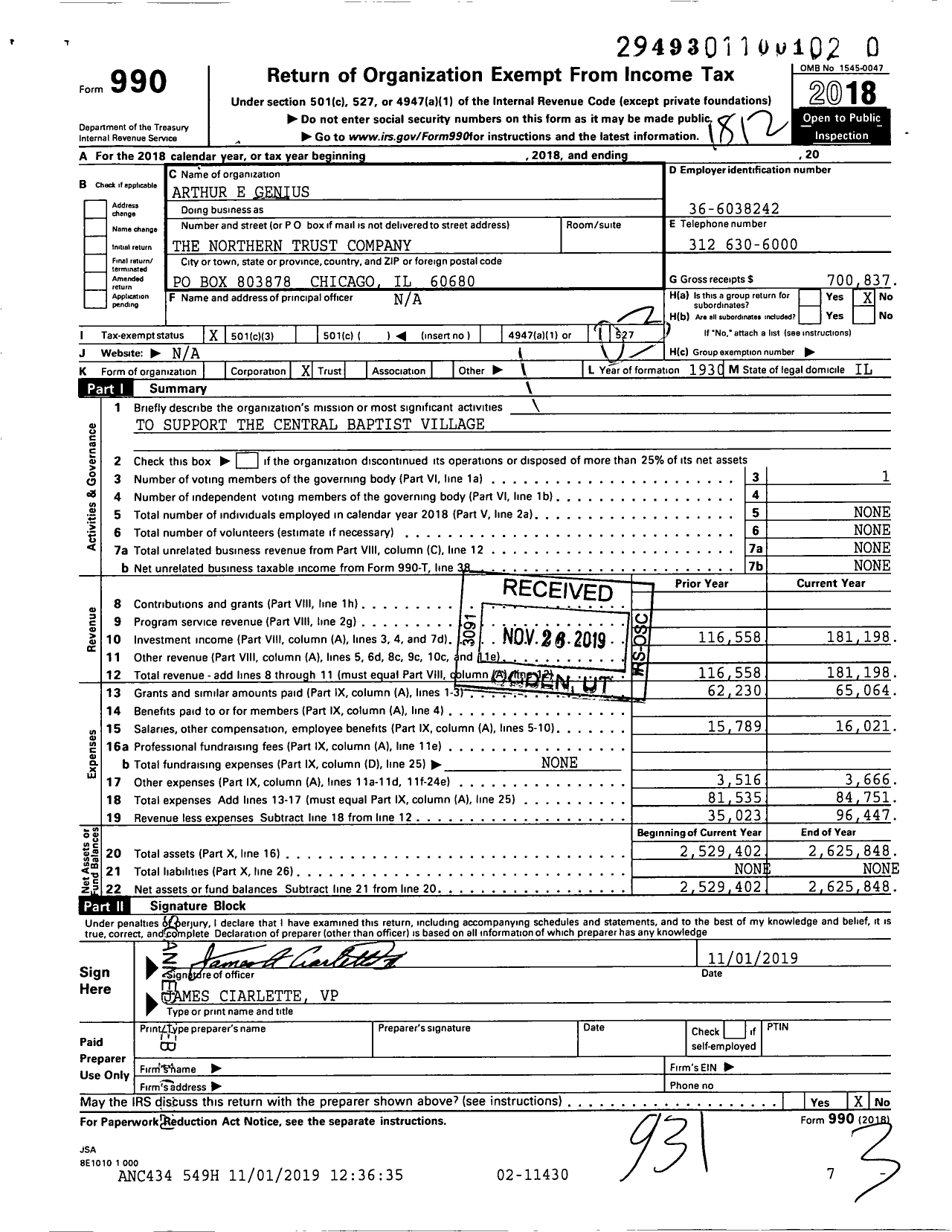 Image of first page of 2018 Form 990 for Arthur E Genius