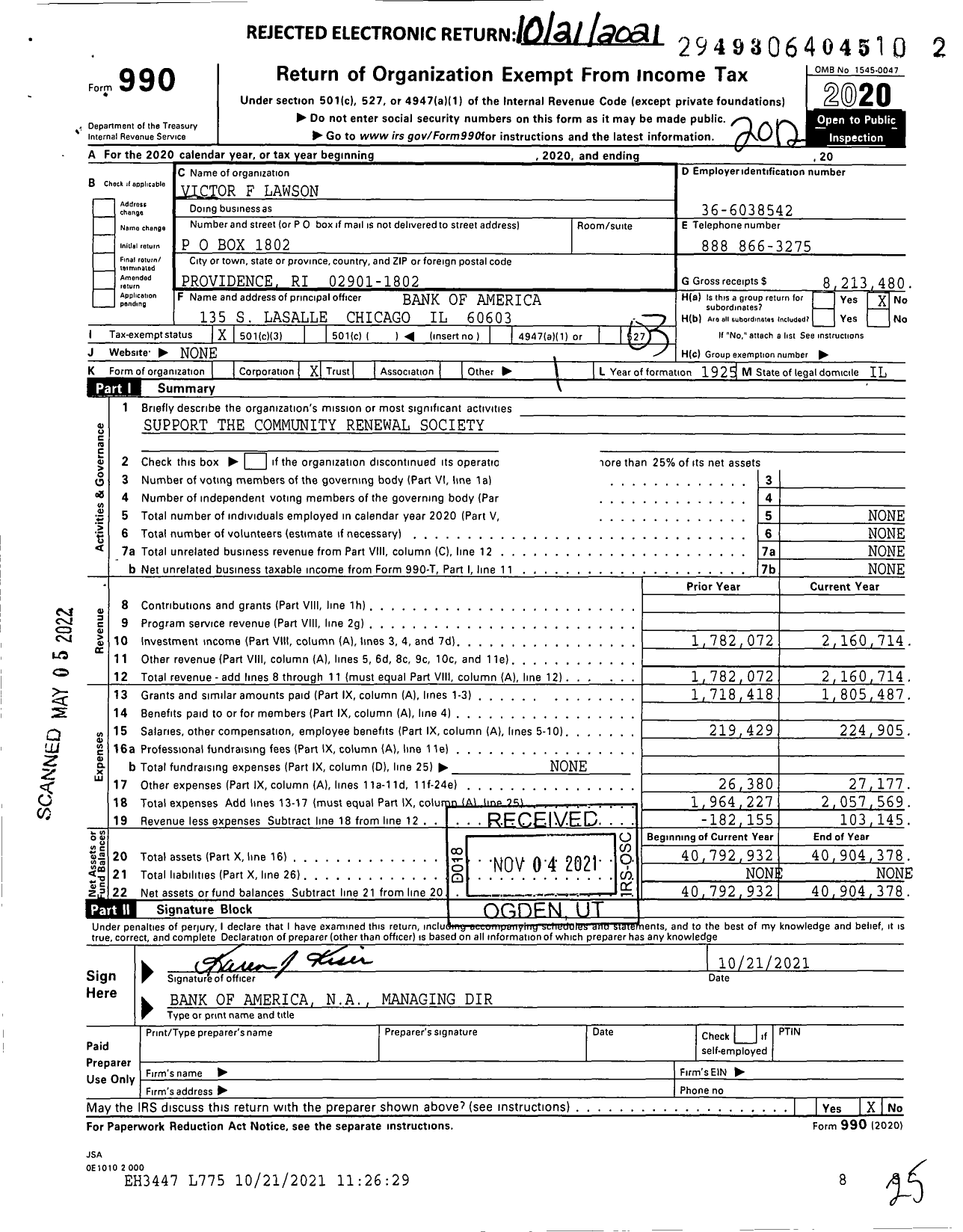 Image of first page of 2020 Form 990 for Victor F Lawson